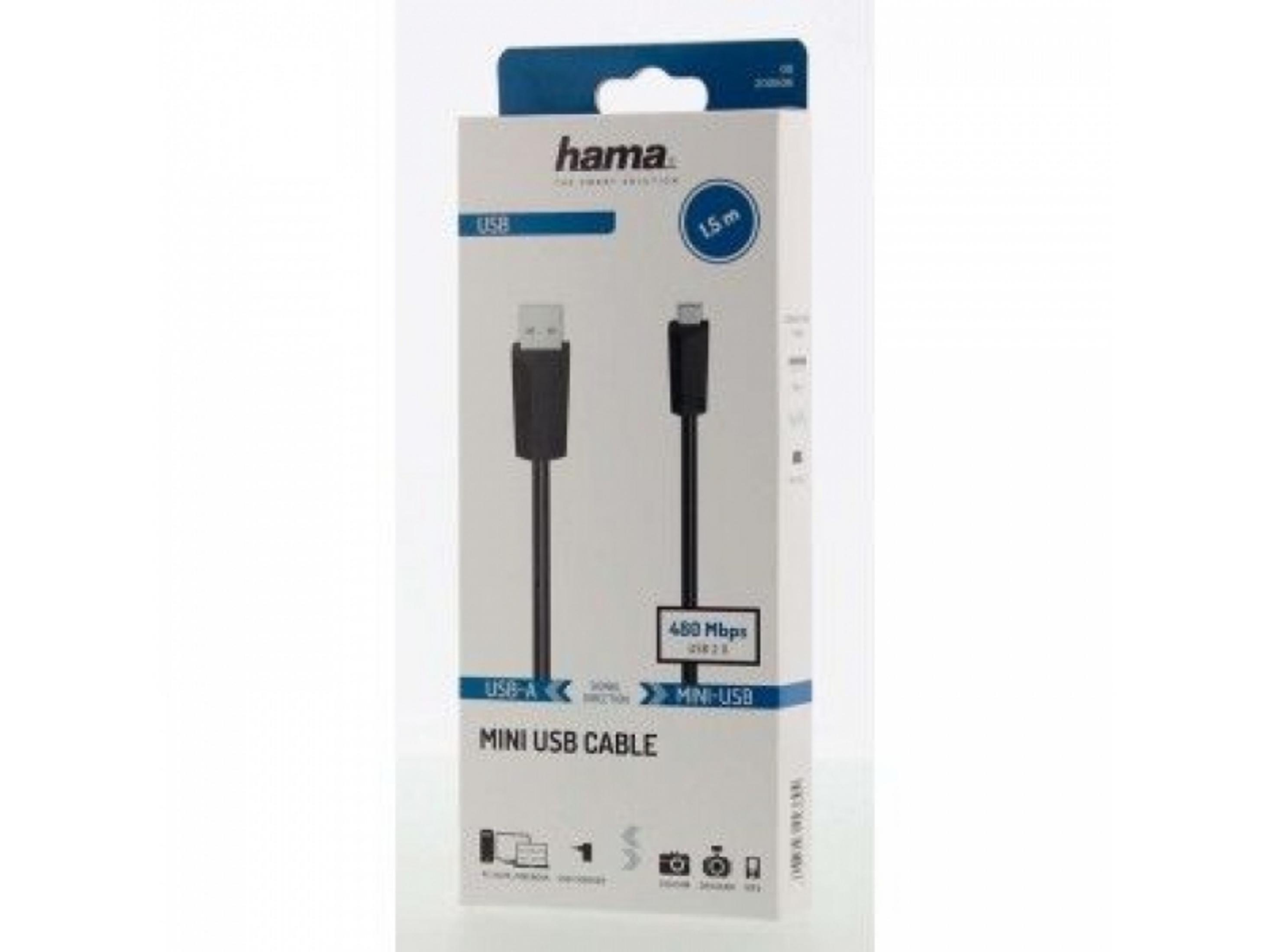 Cable Mini-USB Hama, longitud 1,5m, velocidad 480 Mbps.