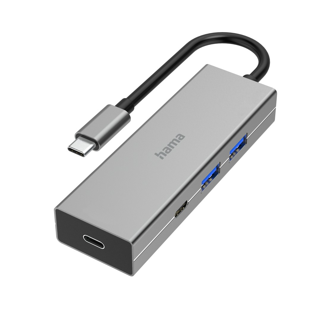 Srebrny hub USB-C z trzema portami USB-A i jednym portem USB-C.