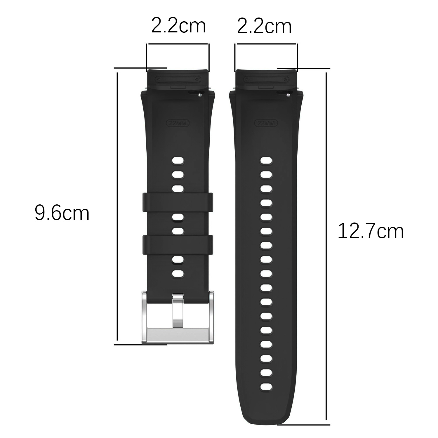 Due cinturini neri con dimensioni: 9,6 cm, 12,7 cm, 2,2 cm.