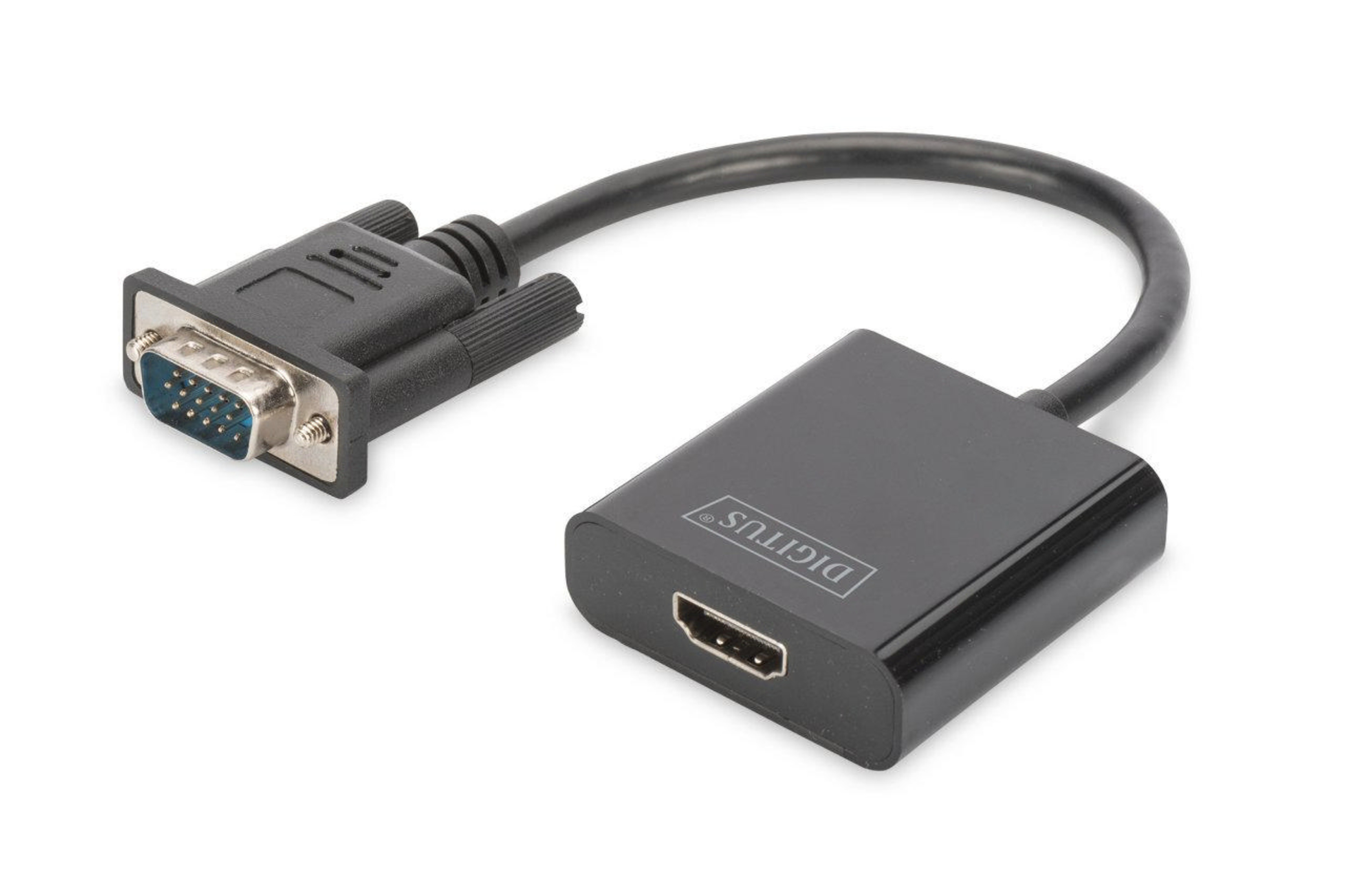 Kısa kablolu siyah bir VGA - HDMI adaptörü beyaz bir arka plan üzerinde gösteriliyor, her iki konektör de vurgulanıyor.
