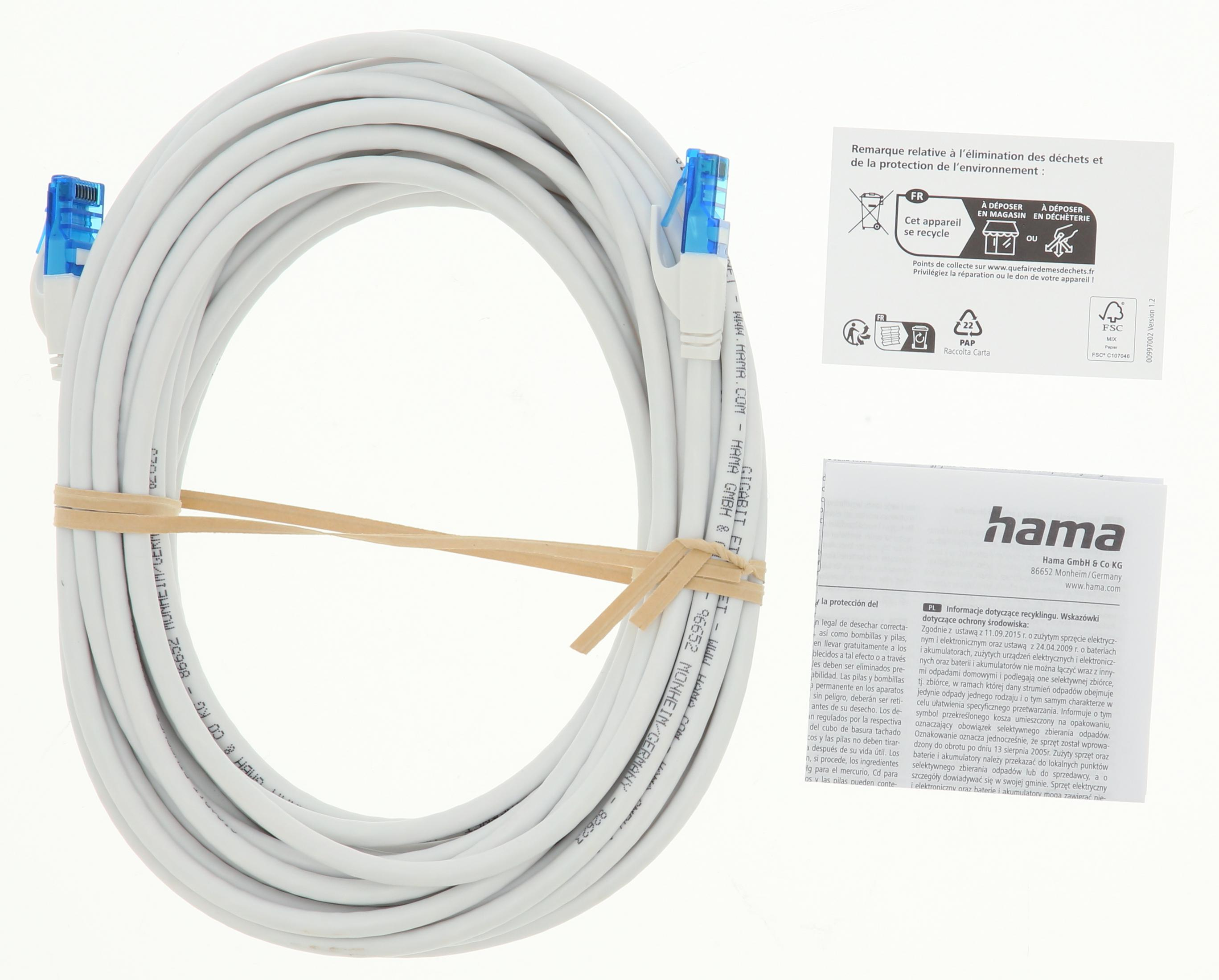 Biały kabel sieciowy z niebieskimi złączami, zwinięty i zabezpieczony gumkami.