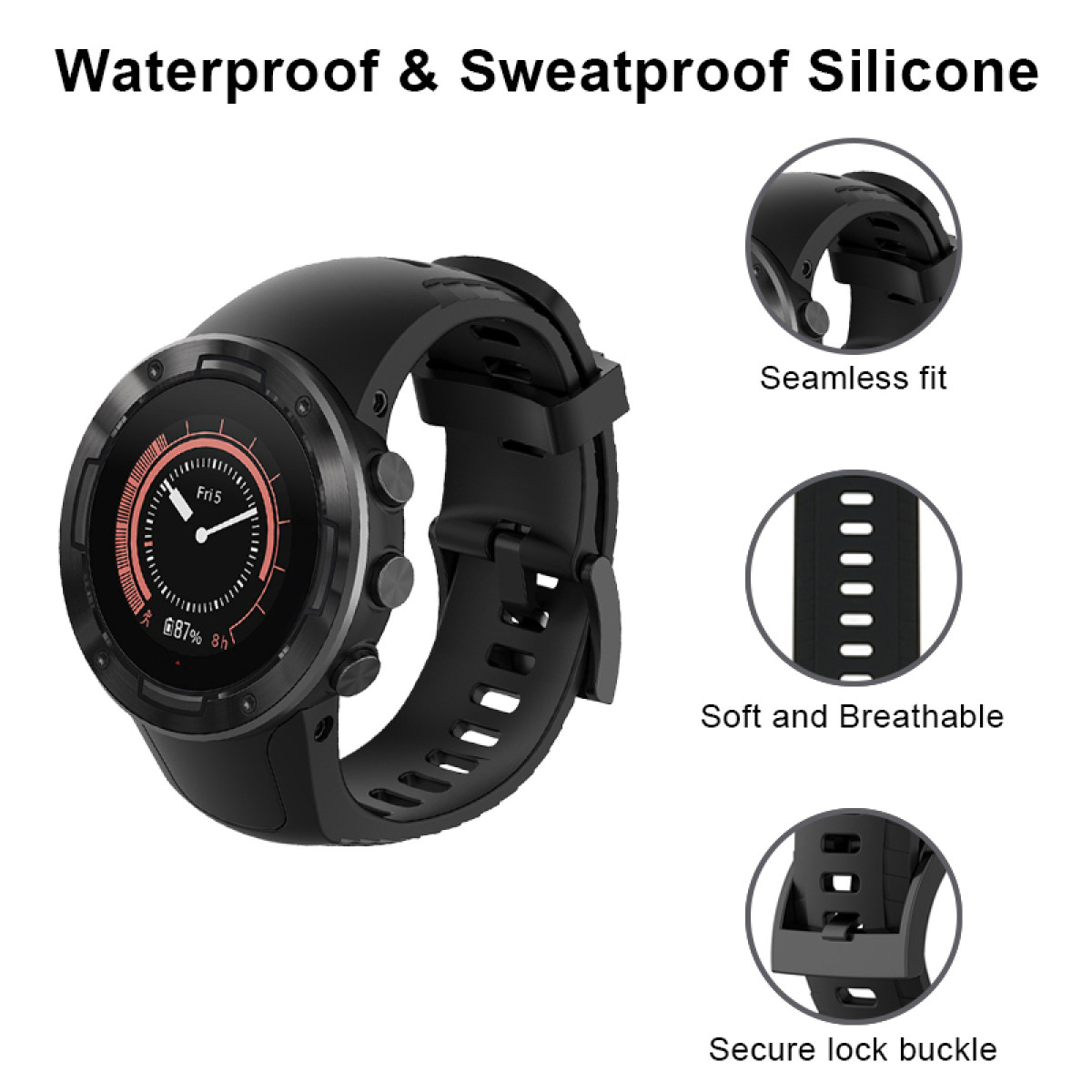 Smartwatch nero con cinturino in silicone, vestibilità perfetta e fibbia.