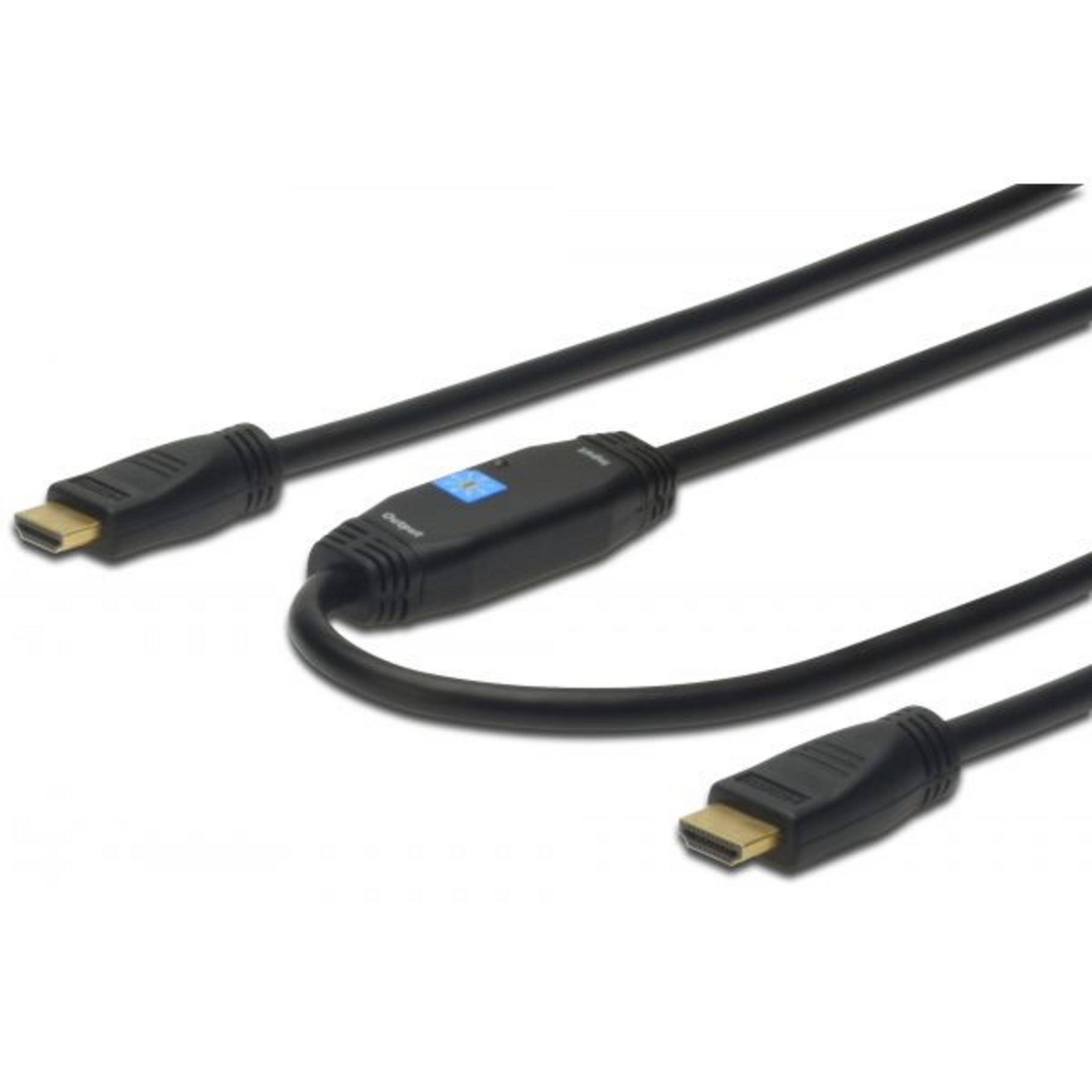 Un cavo HDMI nero con una scatola amplificatrice al centro.