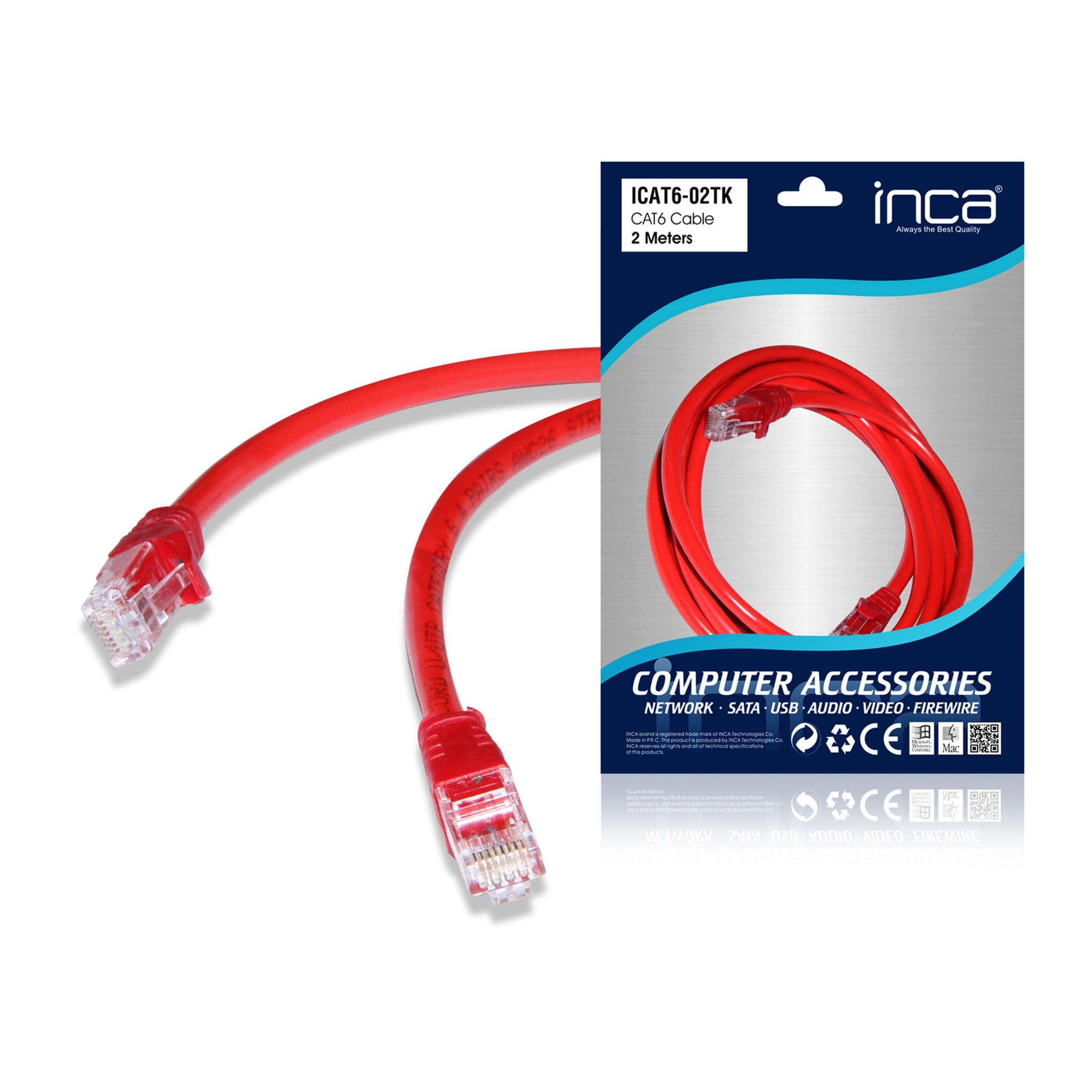 Czerwony kabel sieciowy CAT6 z dwoma złączami RJ45, w opakowaniu.