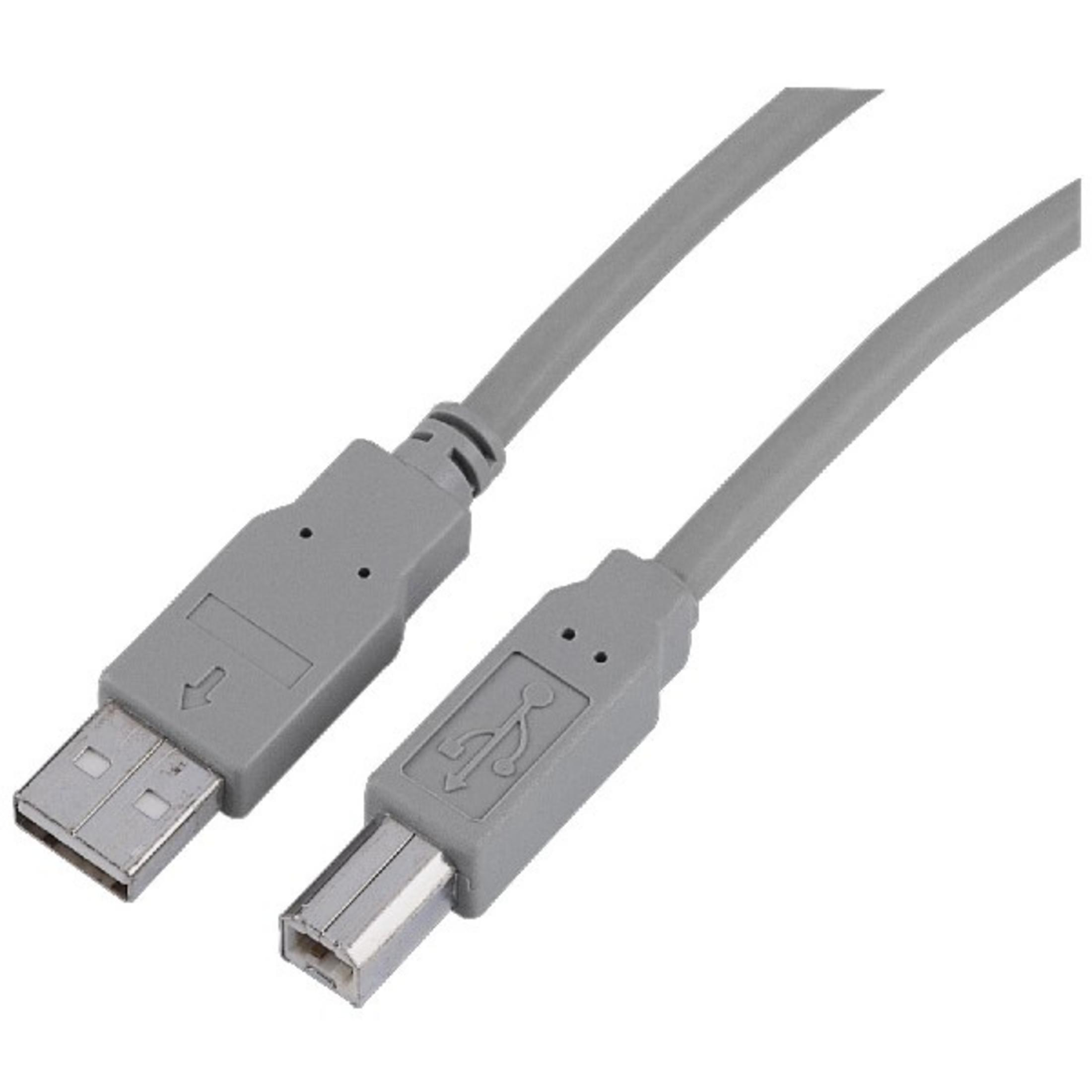 Szary kabel USB z dwoma różnymi złączami, standardowym USB-A i USB-B.