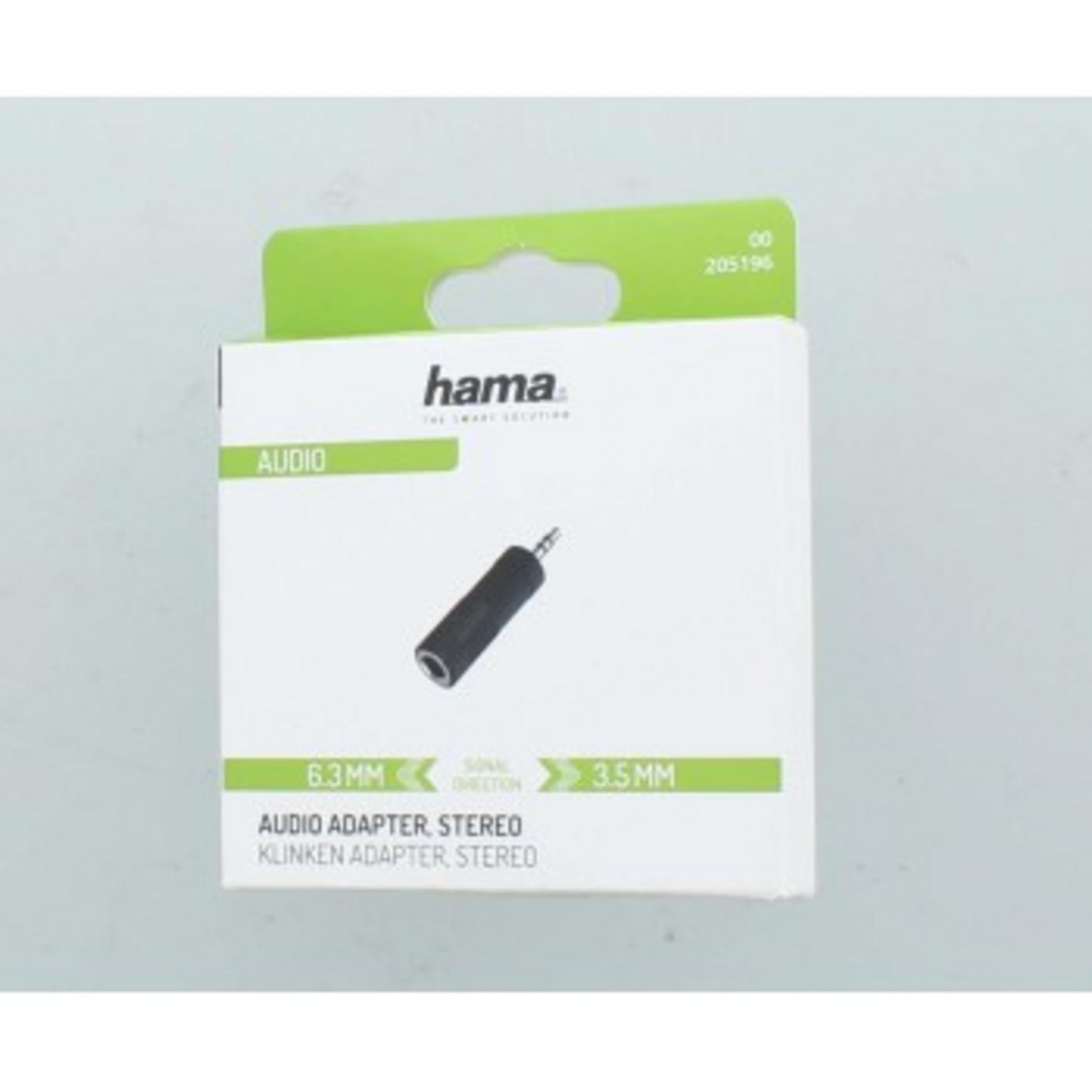 Adaptador de audio estéreo Hama de 6,3 mm a 3,5 mm en embalaje blanco.