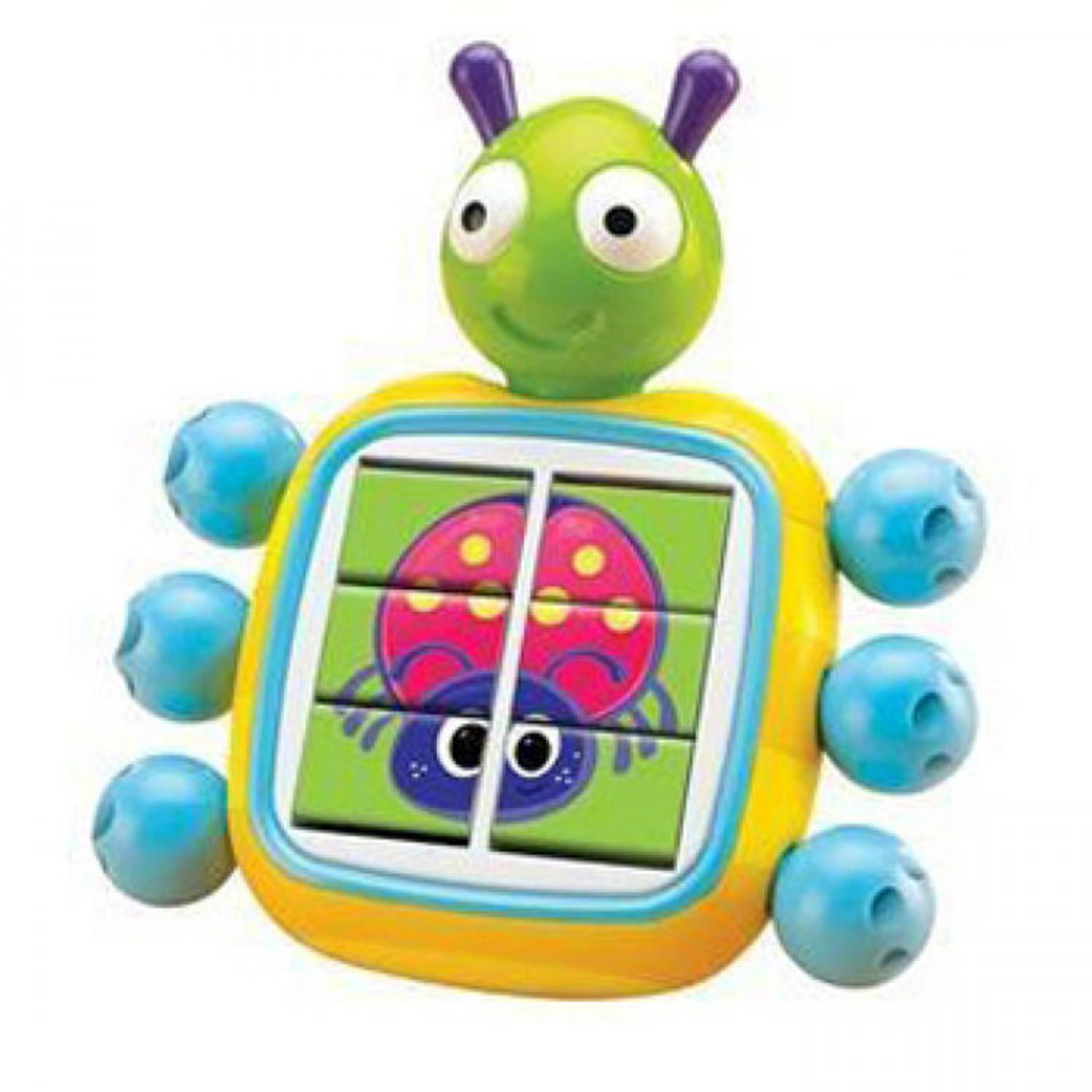 Kolorowa zabawka gąsienica z kołami i łamigłówką biedronki na ciele.