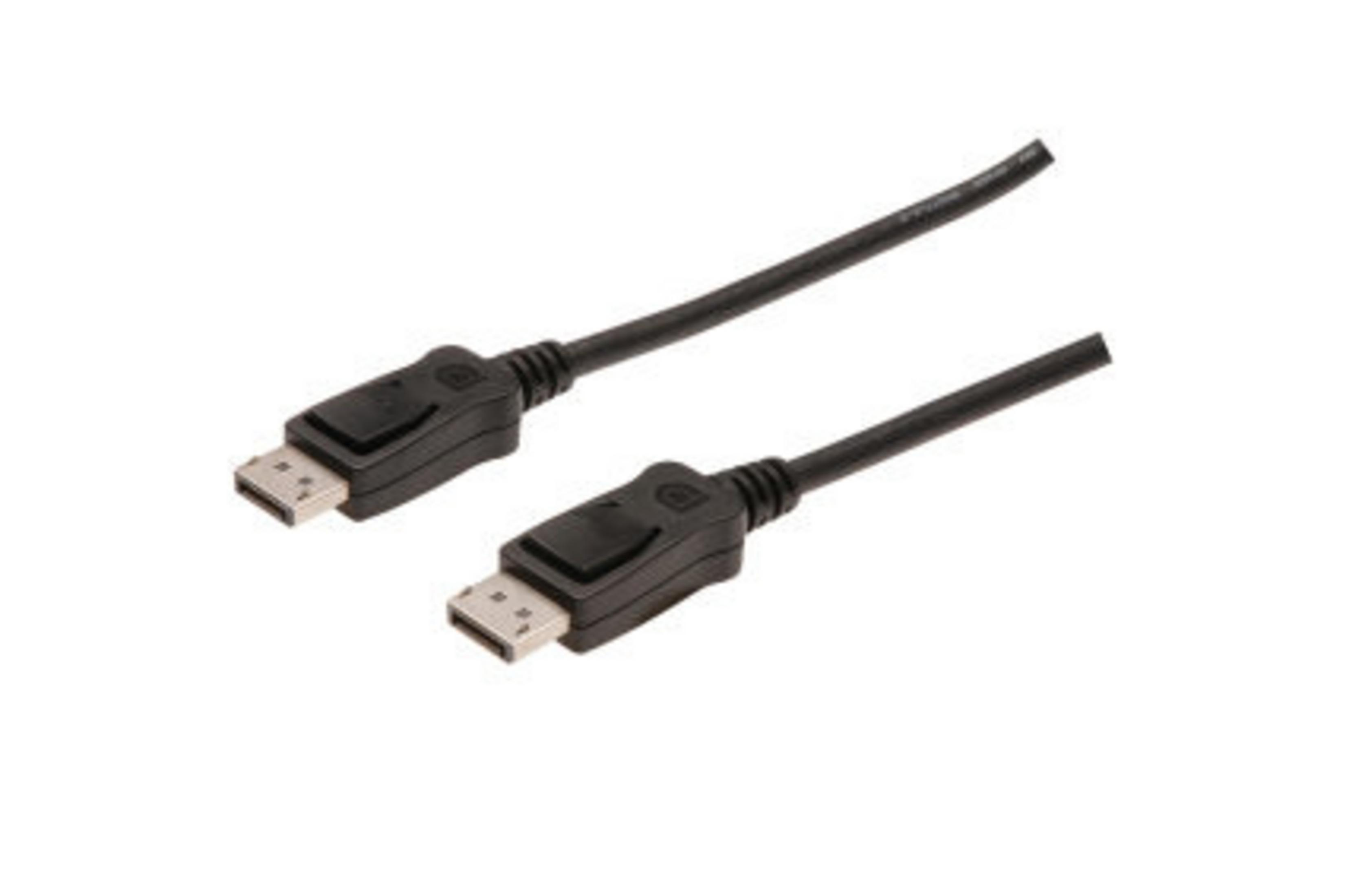 Due cavi DisplayPort neri con connettori, su sfondo bianco.