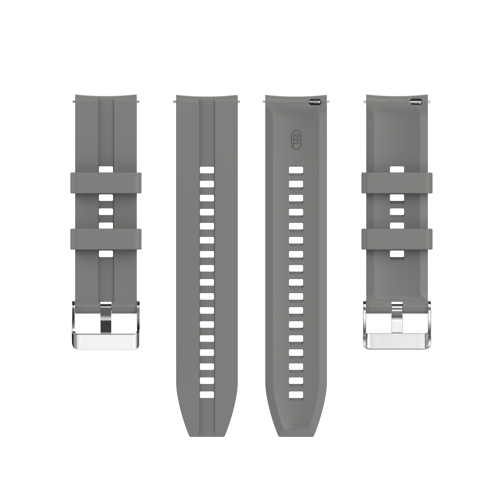 Graue Uhrenarmbänder mit silbernen Schnallen und Lochreihen.