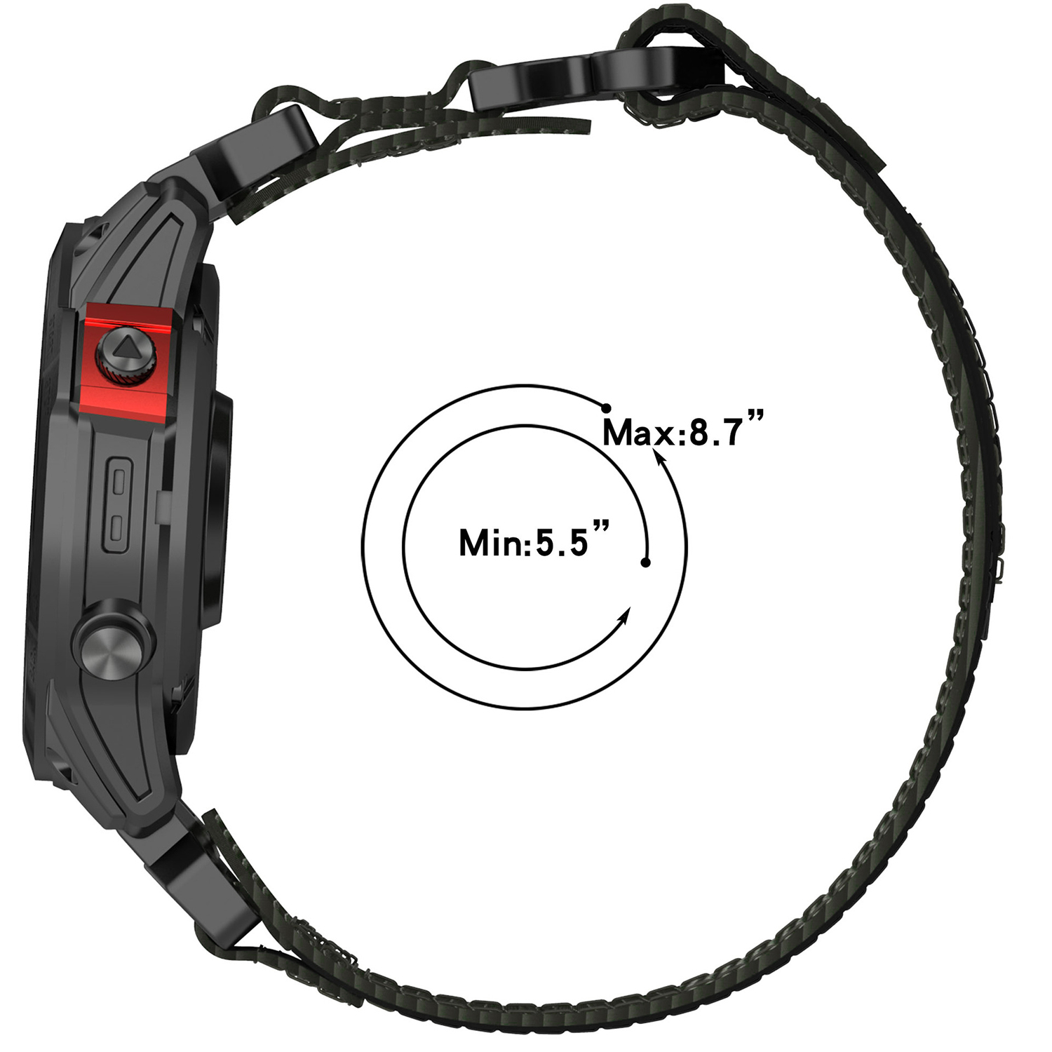 Schwarze Smartwatch mit rotem Knopf und Größenangaben 5.5-8.7 Zoll.