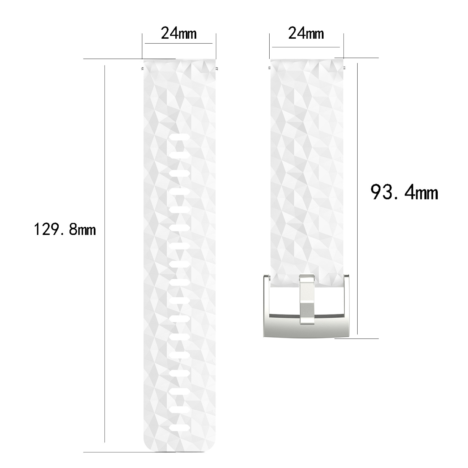 Dwa białe paski do zegarka z geometrycznym wzorem i wymiarami.