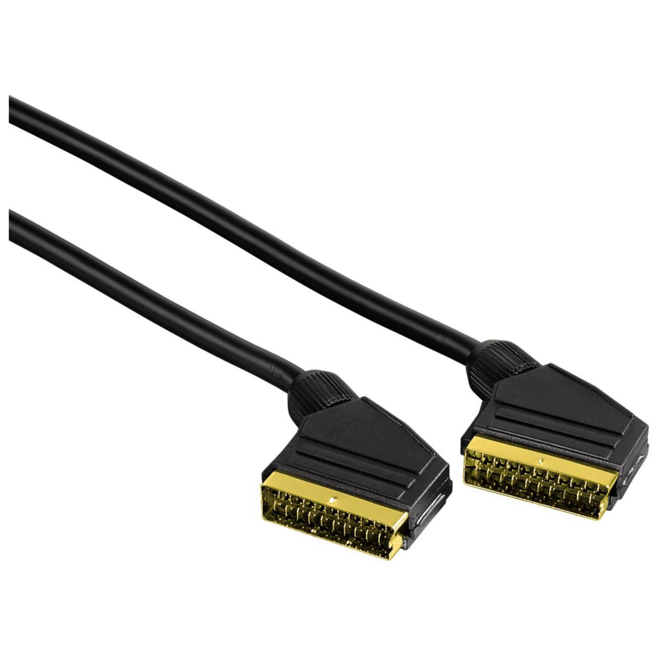 Zwei schwarze Scart-Kabel mit goldenen Anschlüssen auf weißem Hintergrund.