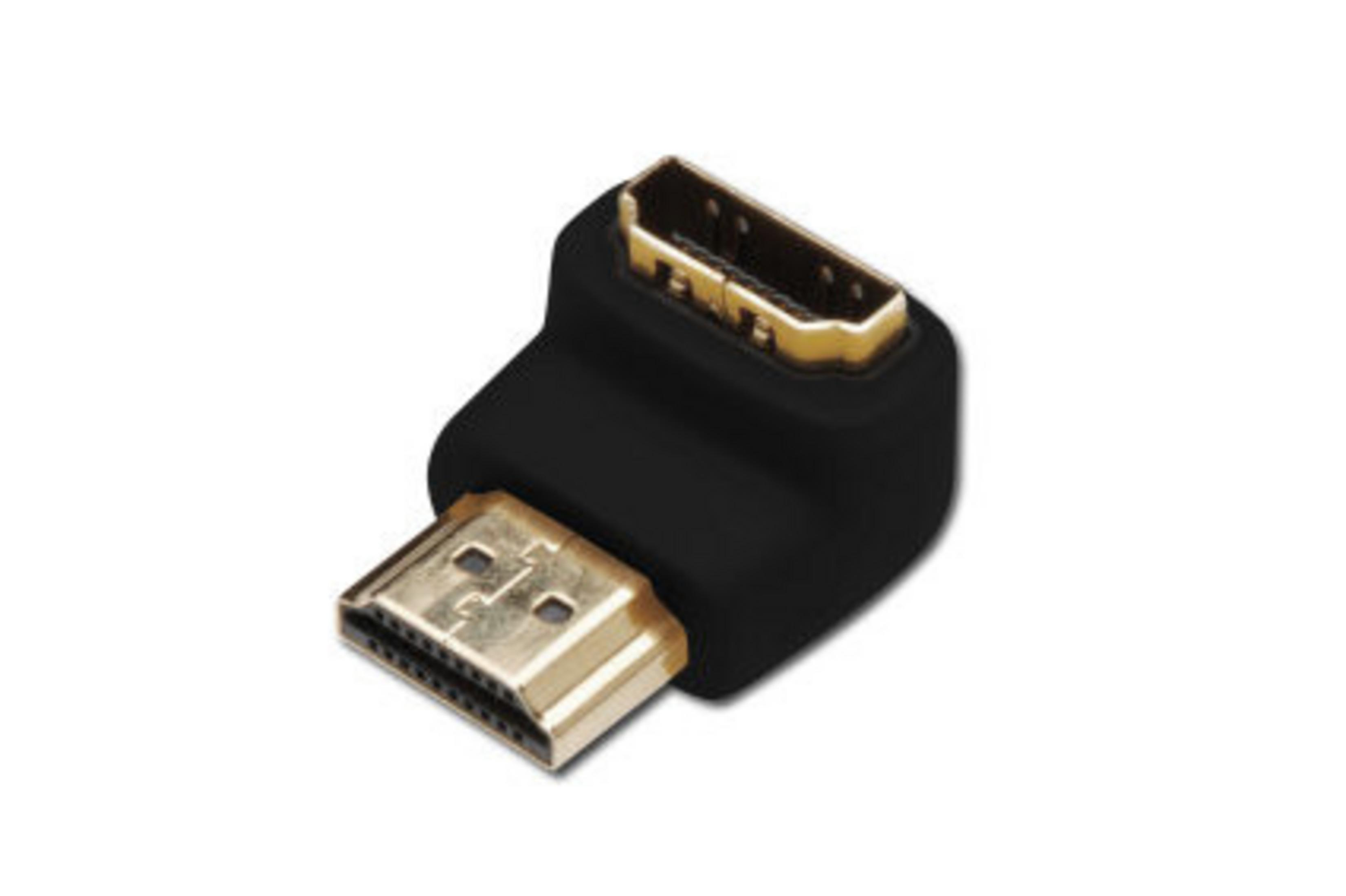 Un adattatore HDMI nero con connettori dorati, angolato a 90 gradi.