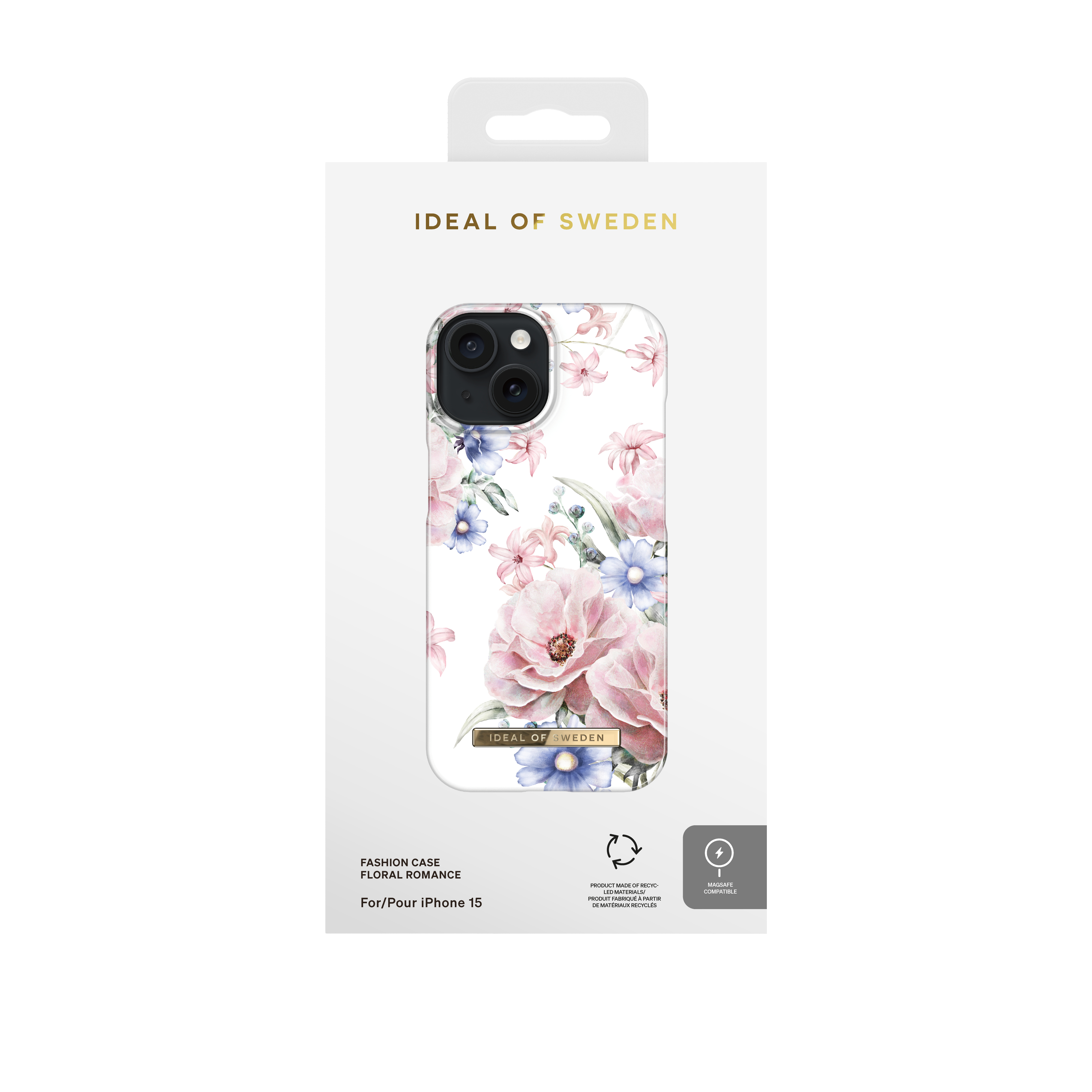 Verpackung für iPhone 15 Hülle mit Blumenmuster, Marke Ideal of Sweden.