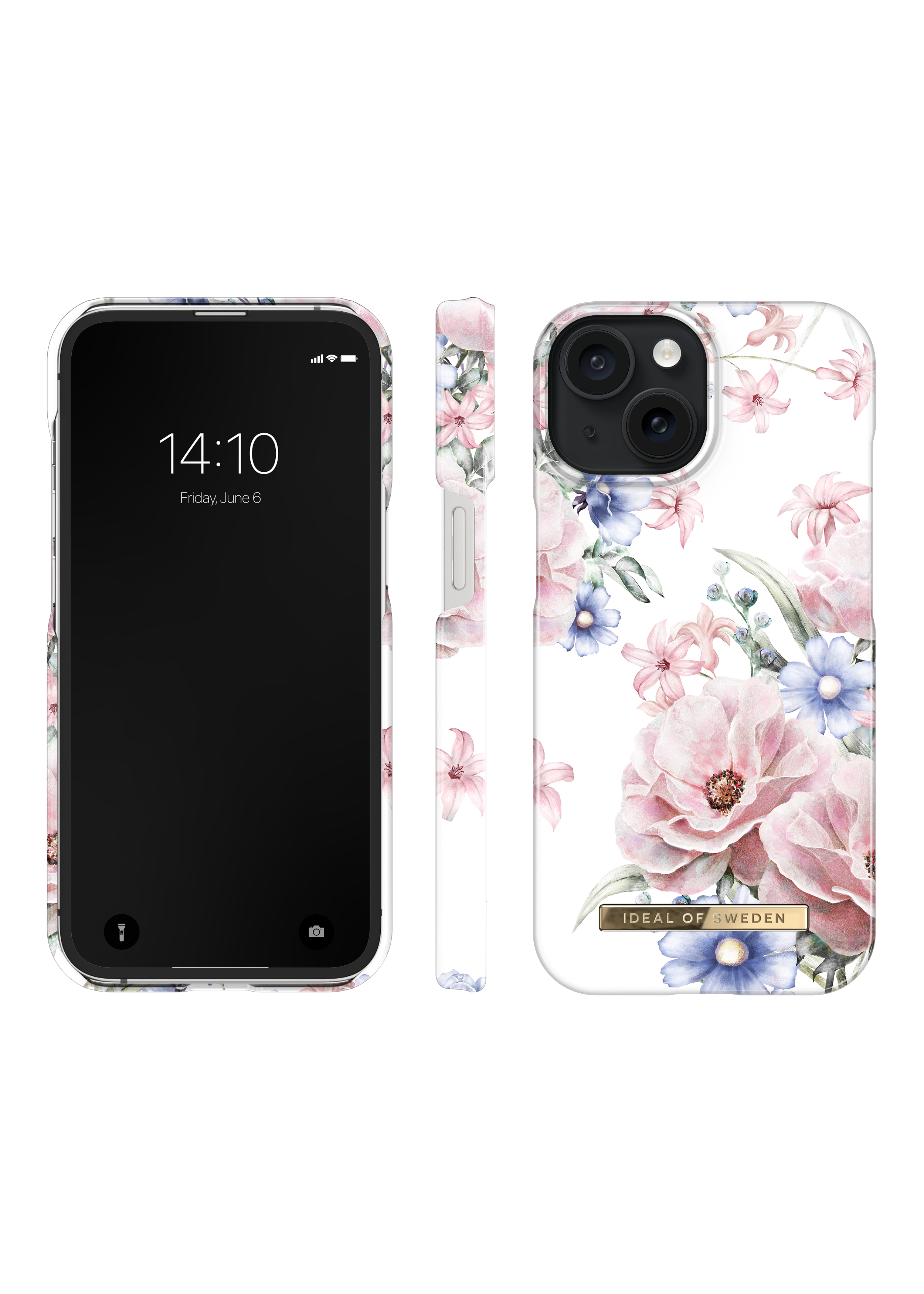 iPhone-Hülle mit Blumenmuster, Vorder- und Seitenansicht.