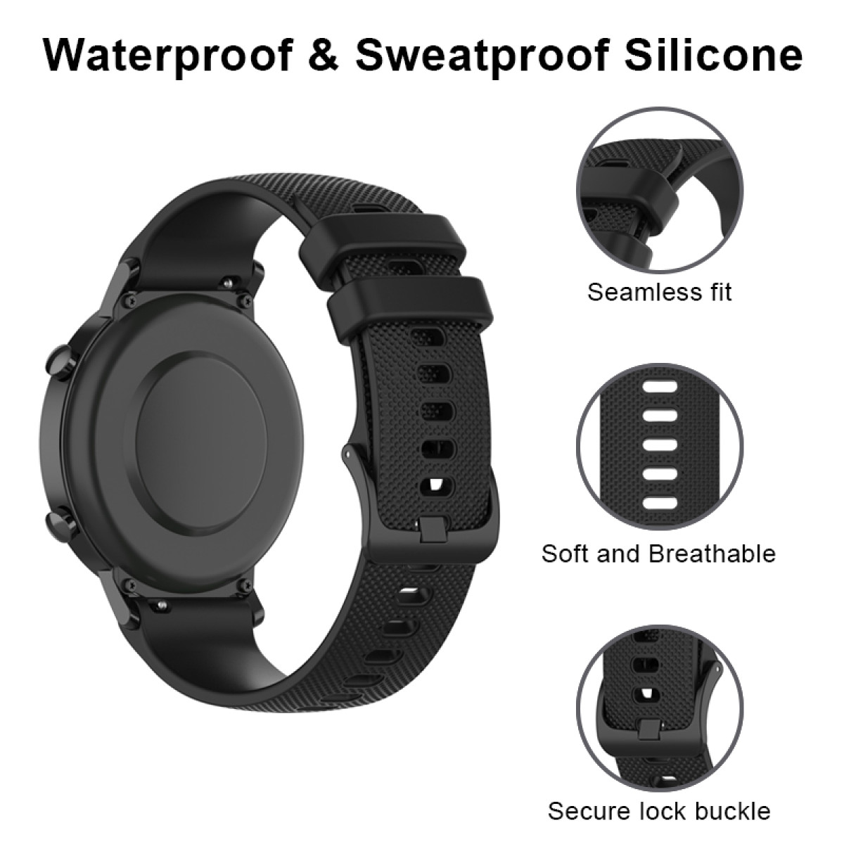Czarny silikonowy pasek do zegarka z klamrą i teksturą.