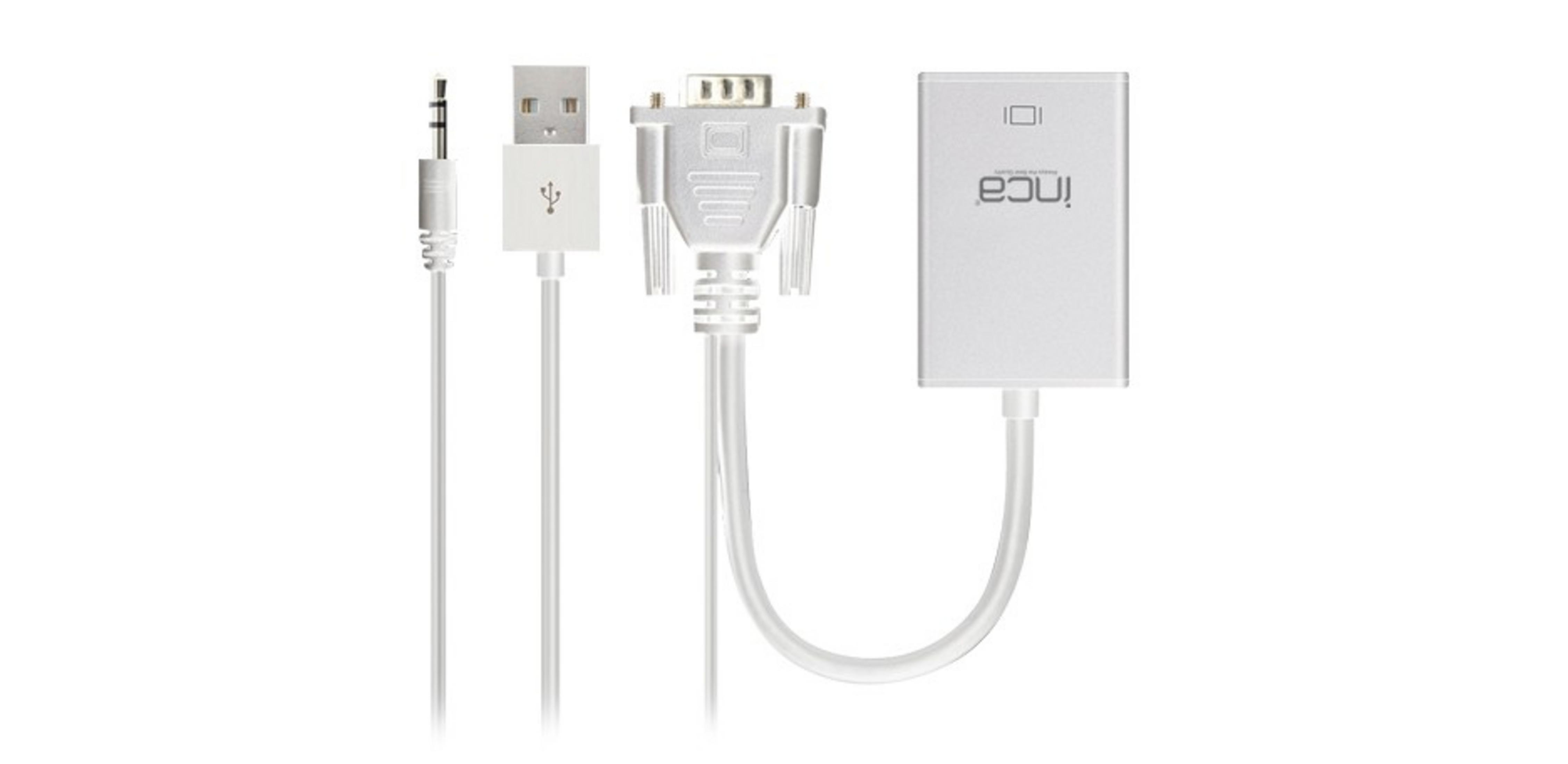 Ein silberner USB-zu-VGA-Adapter mit Audioanschluss und USB-Kabel.