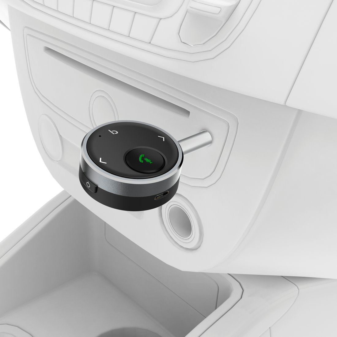 Czarny adapter samochodowy Bluetooth z zielonym przyciskiem połączenia na białej desce rozdzielczej.