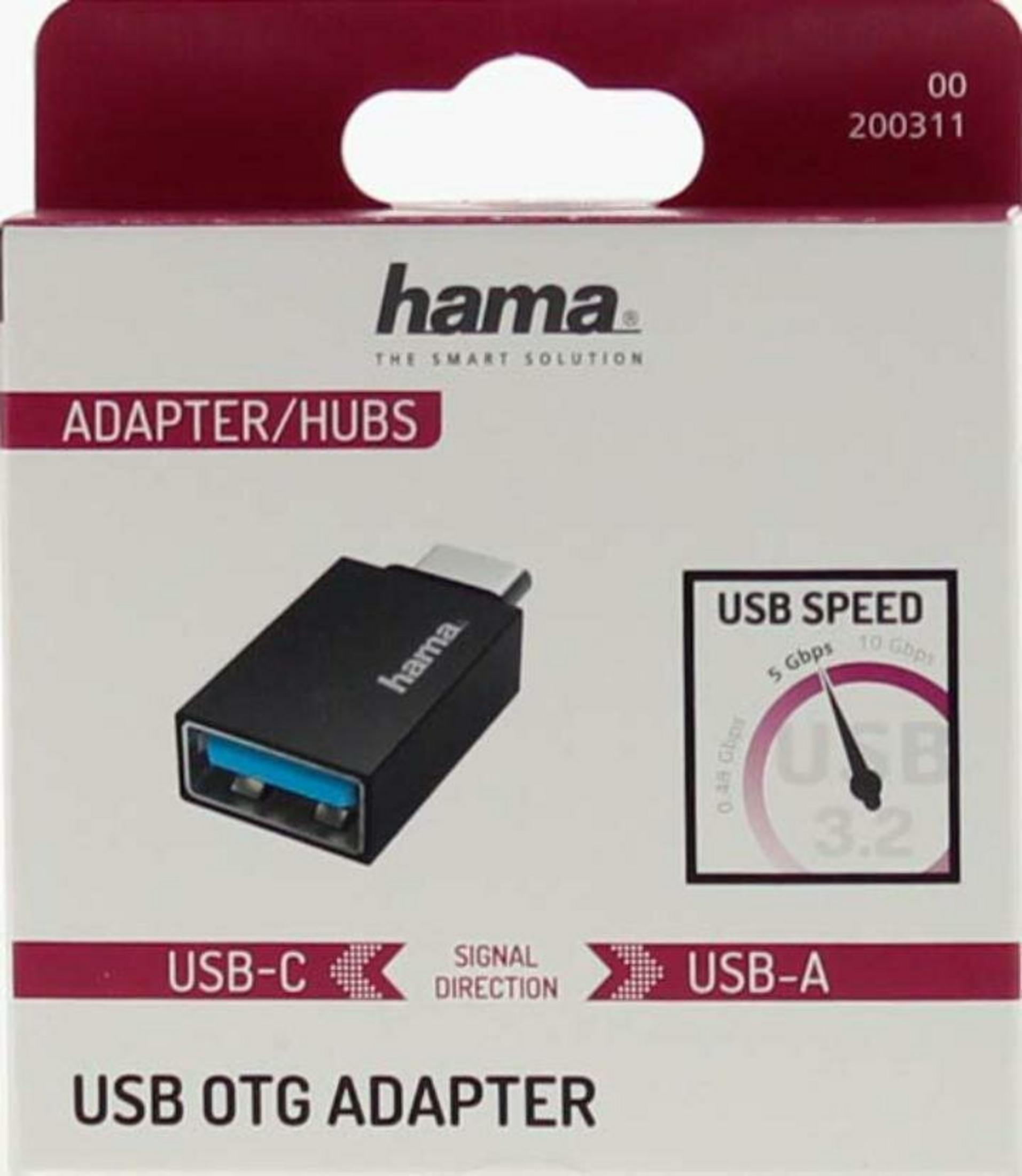 Hama USB OTG adapter: USB-C naar USB-A, 5 Gbps snelheid. Zwarte adapter met blauwe USB-poort.
