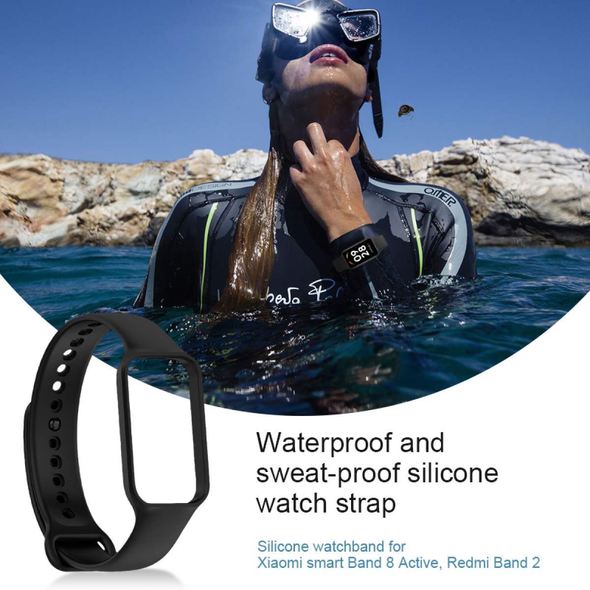 Nurkini w wodzie z czarną opaską i wyświetlaczem smartwatcha.