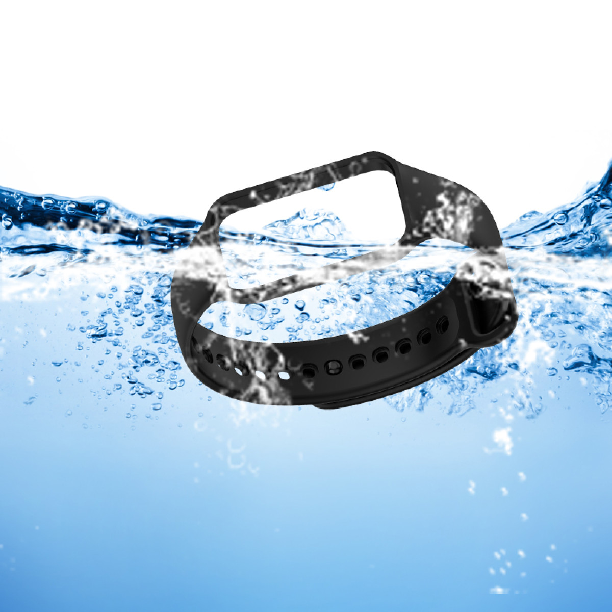 Czarna opaska do trackera fitness jest zanurzona w połowie w czystej, niebieskiej wodzie, z rozpryskami wody i bąbelkami wokół.