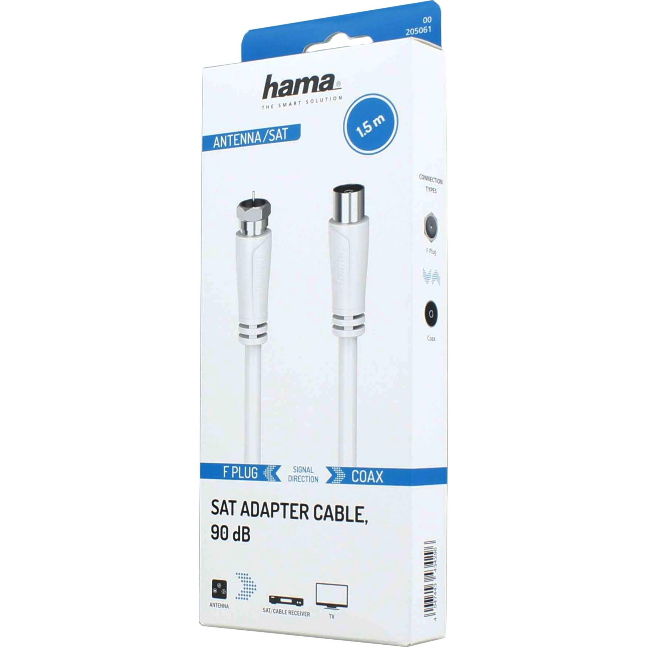 Hama SAT Adapter Kabel, 1,5m, weiß, mit F-Stecker und Koax-Anschluss.
