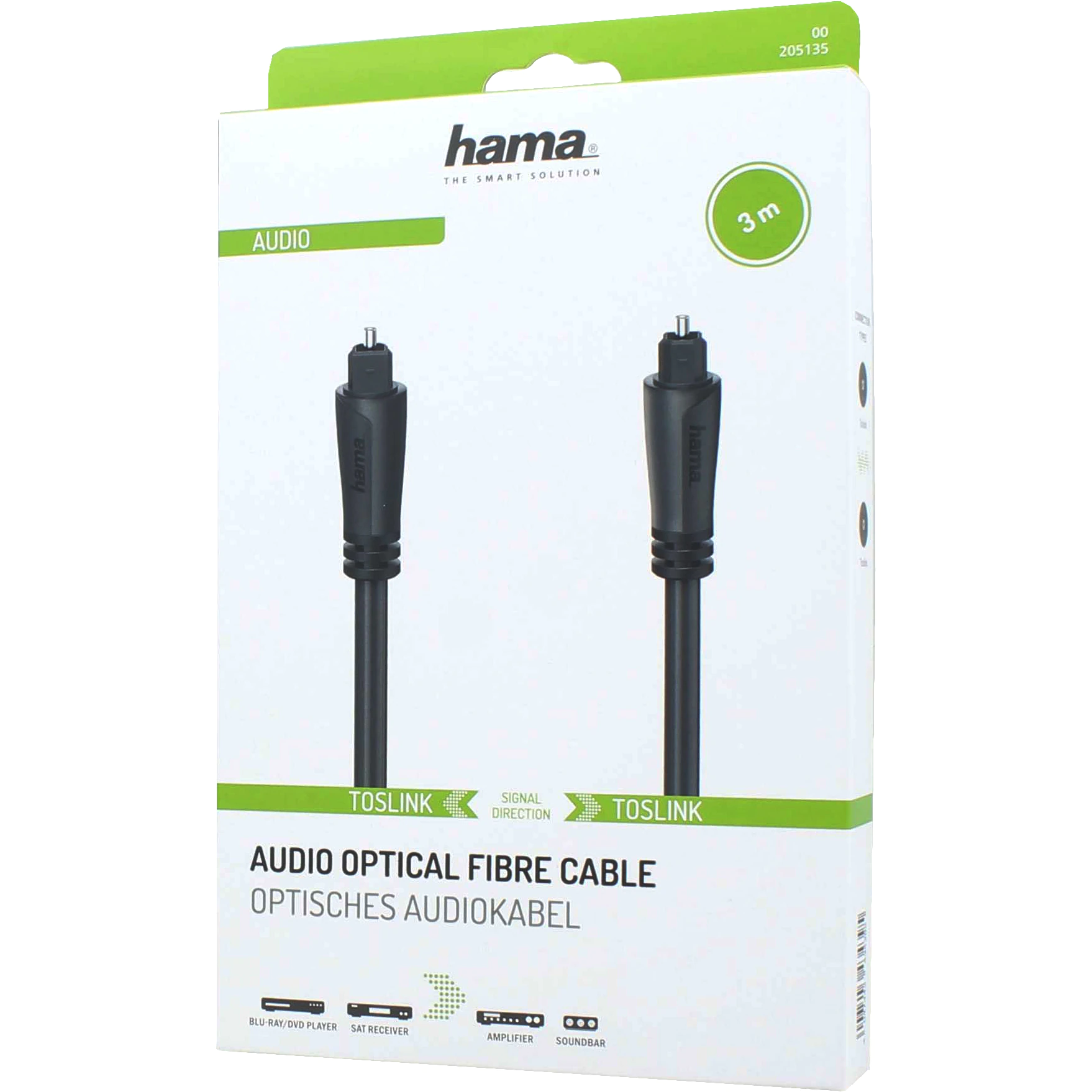 Hama 3m Audiokabel mit Toslink-Anschlüssen auf weißem Karton.