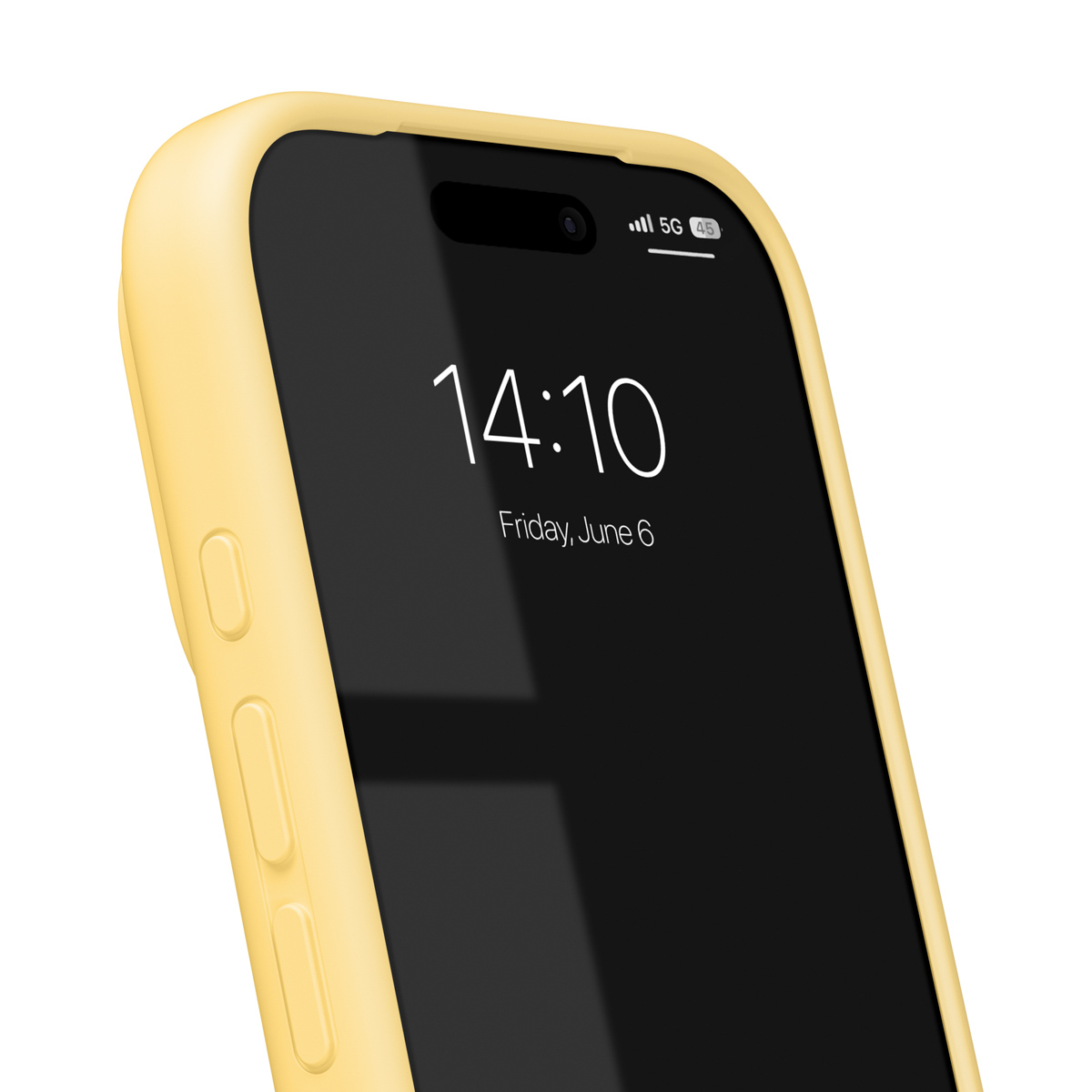 Gelbes Handy mit gesperrtem Bildschirm, 14:10 Uhr, Freitag, 6. Juni.