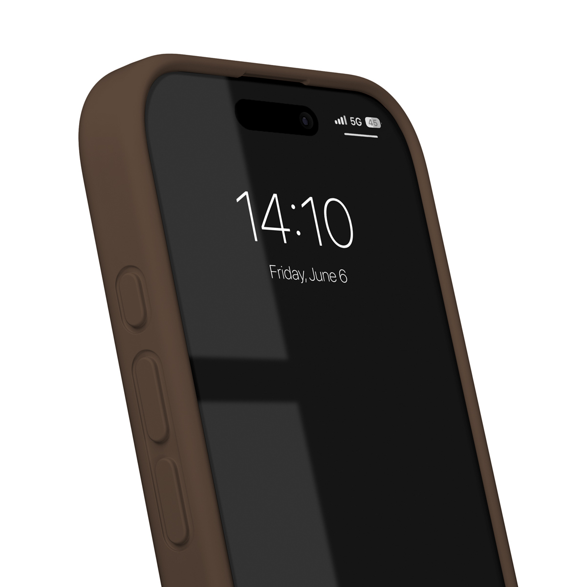 Brown phone case with a dark screen showing 14:10.