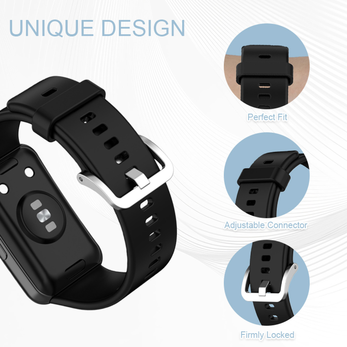 Czarny pasek do zegarka z srebrną klamrą. Detale dopasowania i zapięcia.