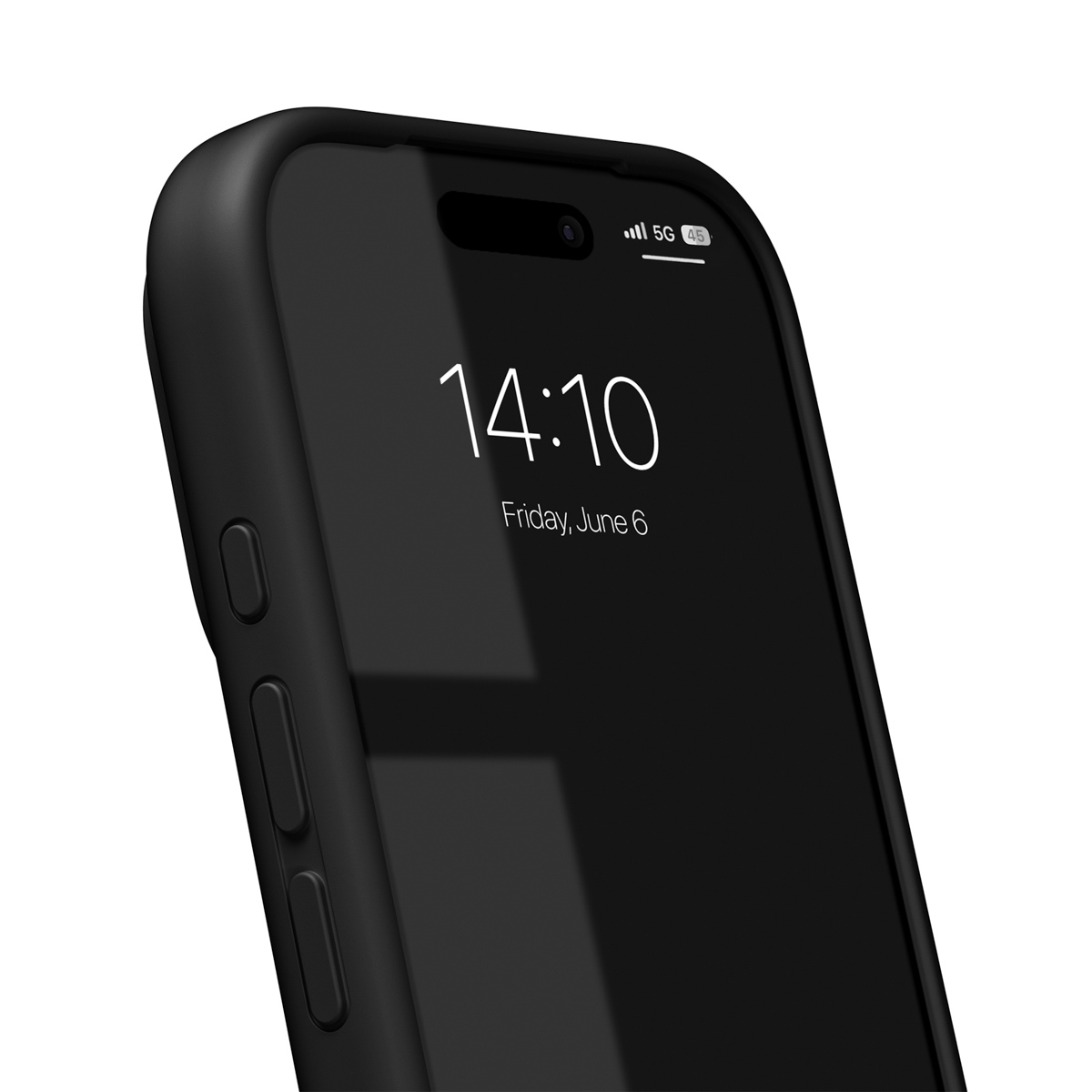 Schwarzes Smartphone mit gesperrtem Bildschirm, zeigt 14:10 Uhr und Datum.