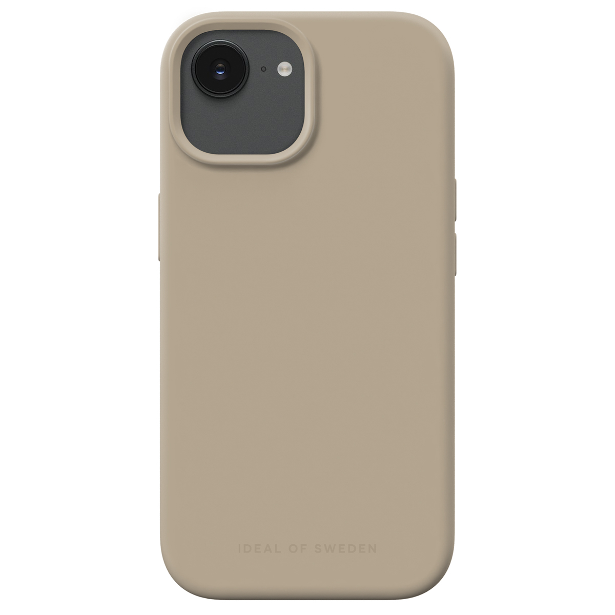Eine beige Handyhülle mit einem schwarzen Kameramodul und dem Logo.