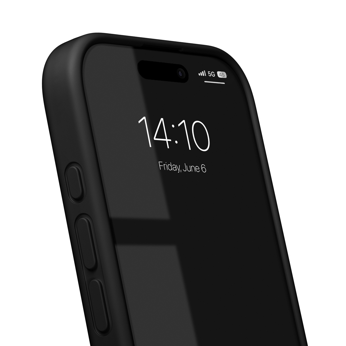Schwarzes Smartphone im Case, zeigt 14:10 Uhr und Datum.