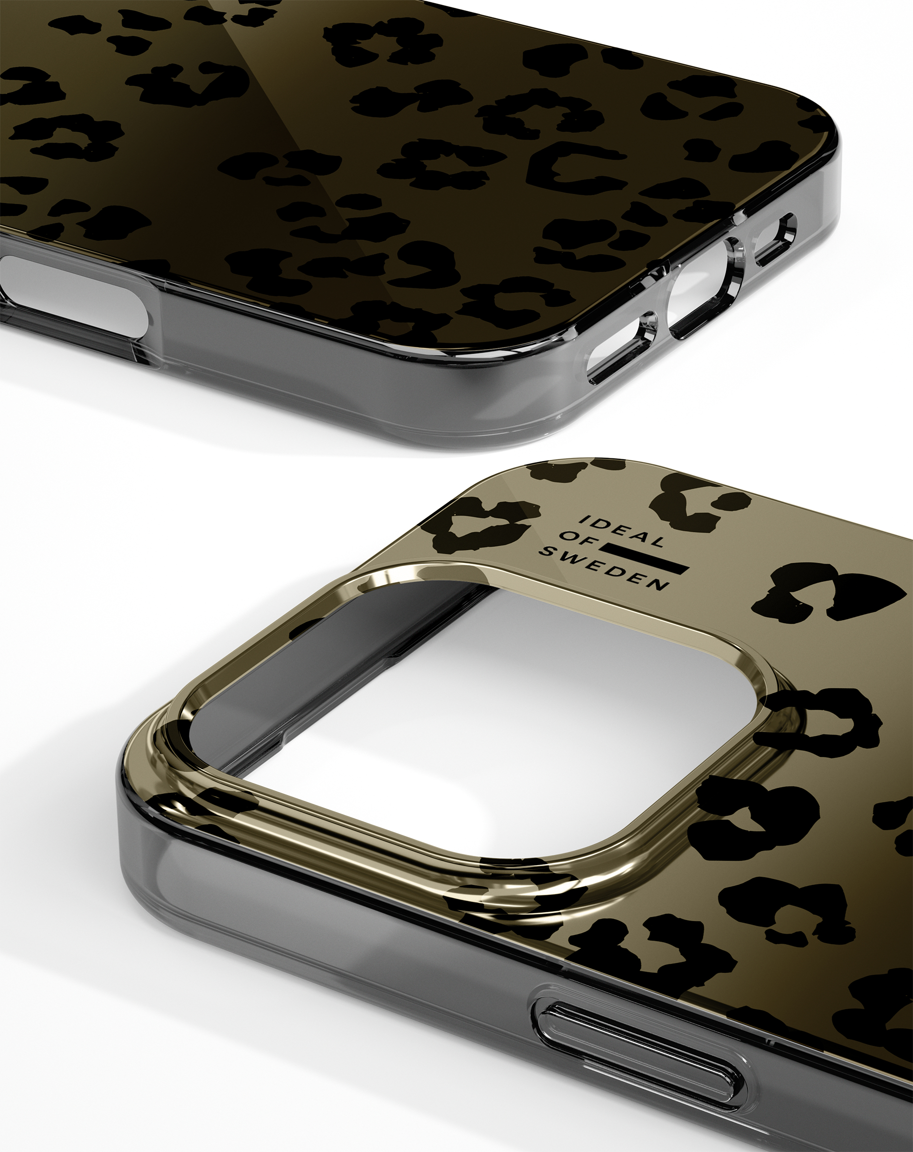 Handyhülle mit Leopardenmuster in Khaki und Schwarz, mit Schriftzug.
