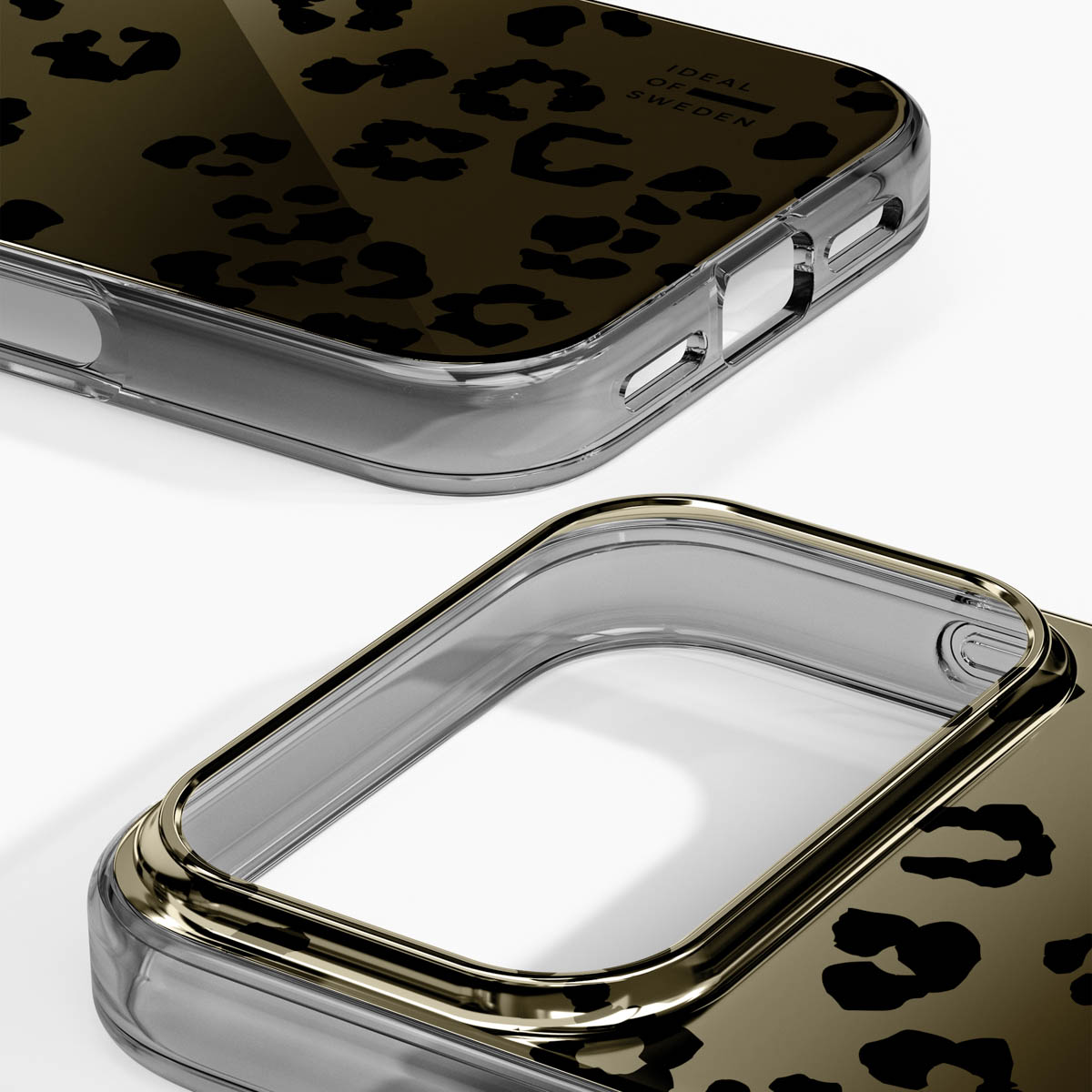 Zwei transparente Handyhüllen mit Leopardenmuster und goldenen Metallakzenten, eine umgedreht und eine richtig herum.
