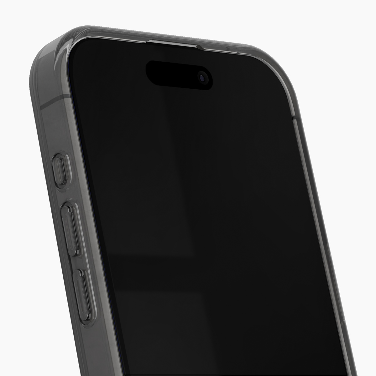 Nahaufnahme eines transparenten Handyhülle auf einem Smartphone mit schwarzem Bildschirm.