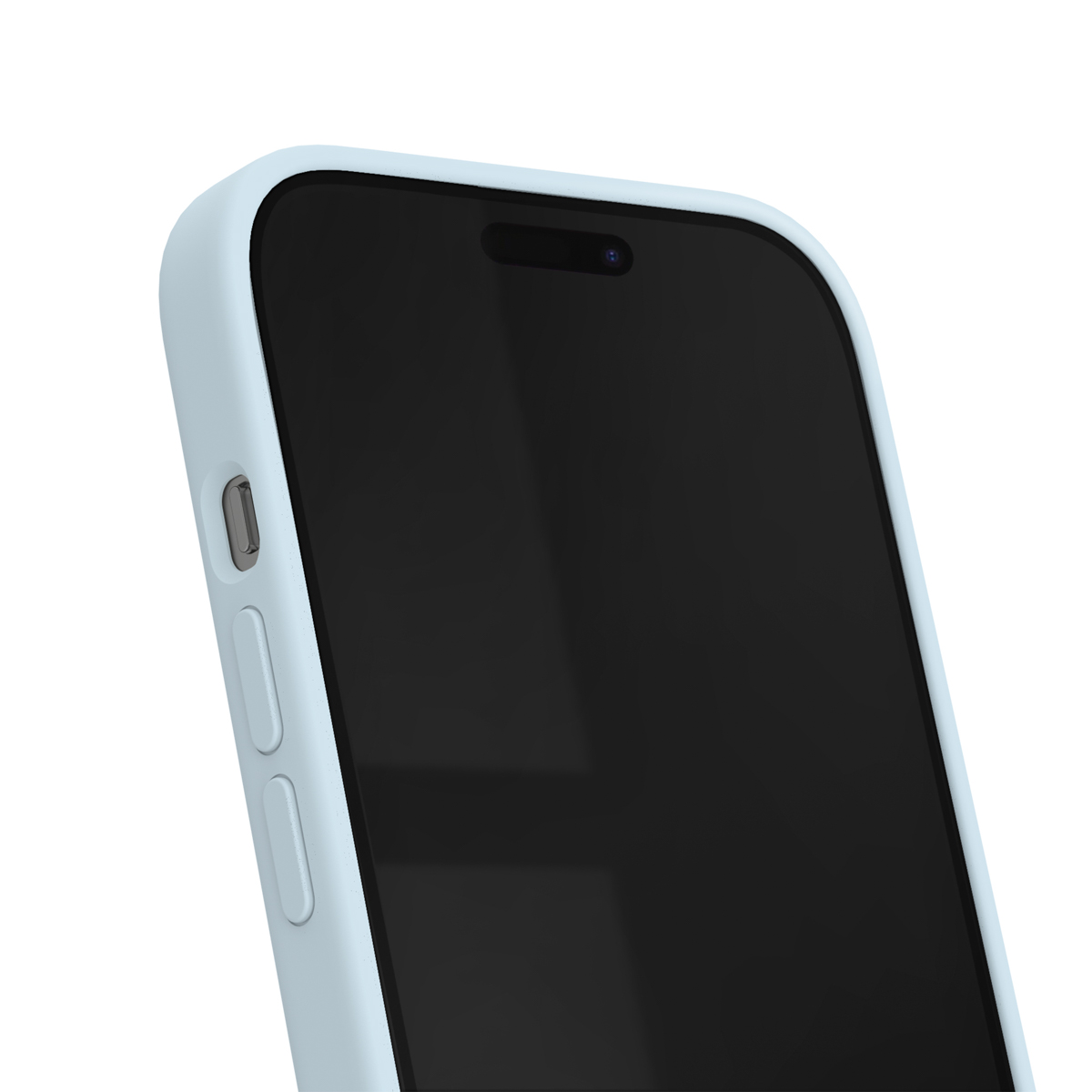 Ein hellblaues Handy mit dunklem Bildschirm und seitlichen Tasten.