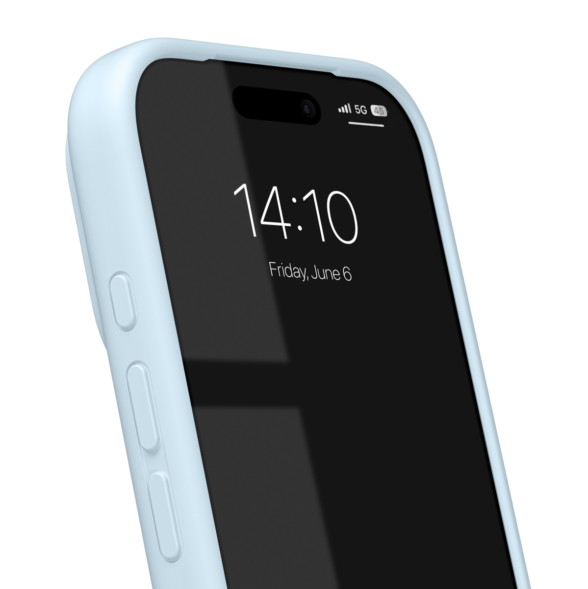 Ein hellblaues Handy mit einem dunklen Bildschirm zeigt 14:10 an.