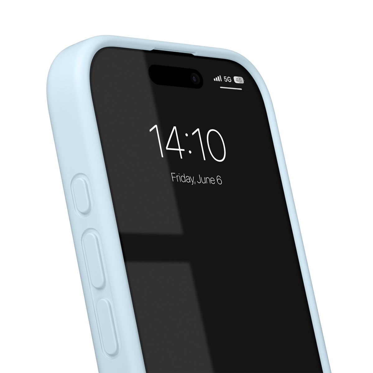 Ein hellblaues Handy mit einem dunklen Bildschirm, der 14:10 Uhr anzeigt.