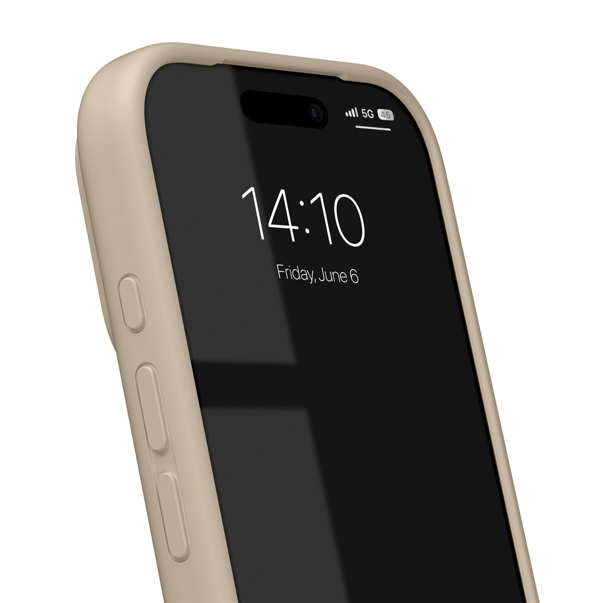 Ein beiges iPhone in einer Hülle, das 14:10 und Freitag, 6. Juni anzeigt, mit sichtbaren Seitentasten.