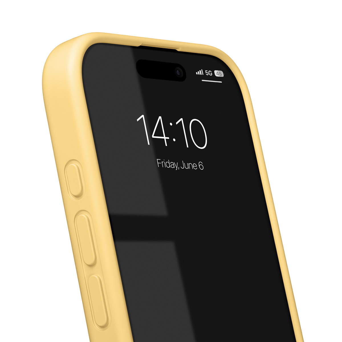 Gelbes iPhone mit schwarzem Bildschirm, zeigt 14:10 und Freitag, 6. Juni.