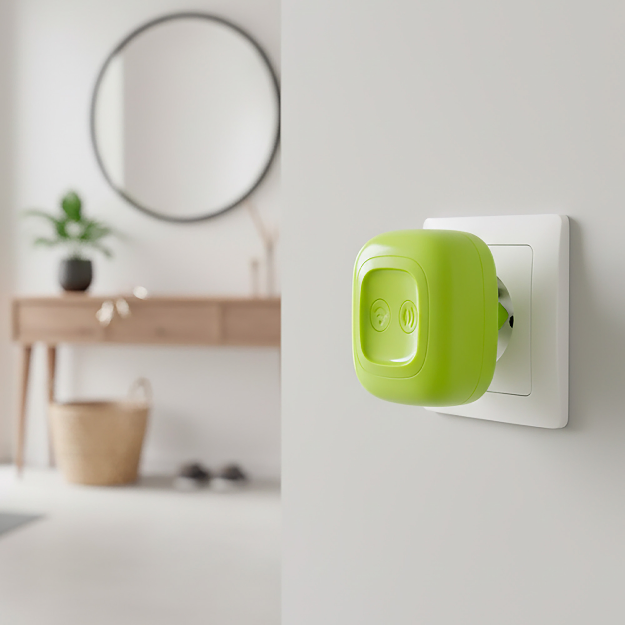 Un enchufe verde brillante con dos símbolos circulares está insertado en un enchufe de pared blanco.