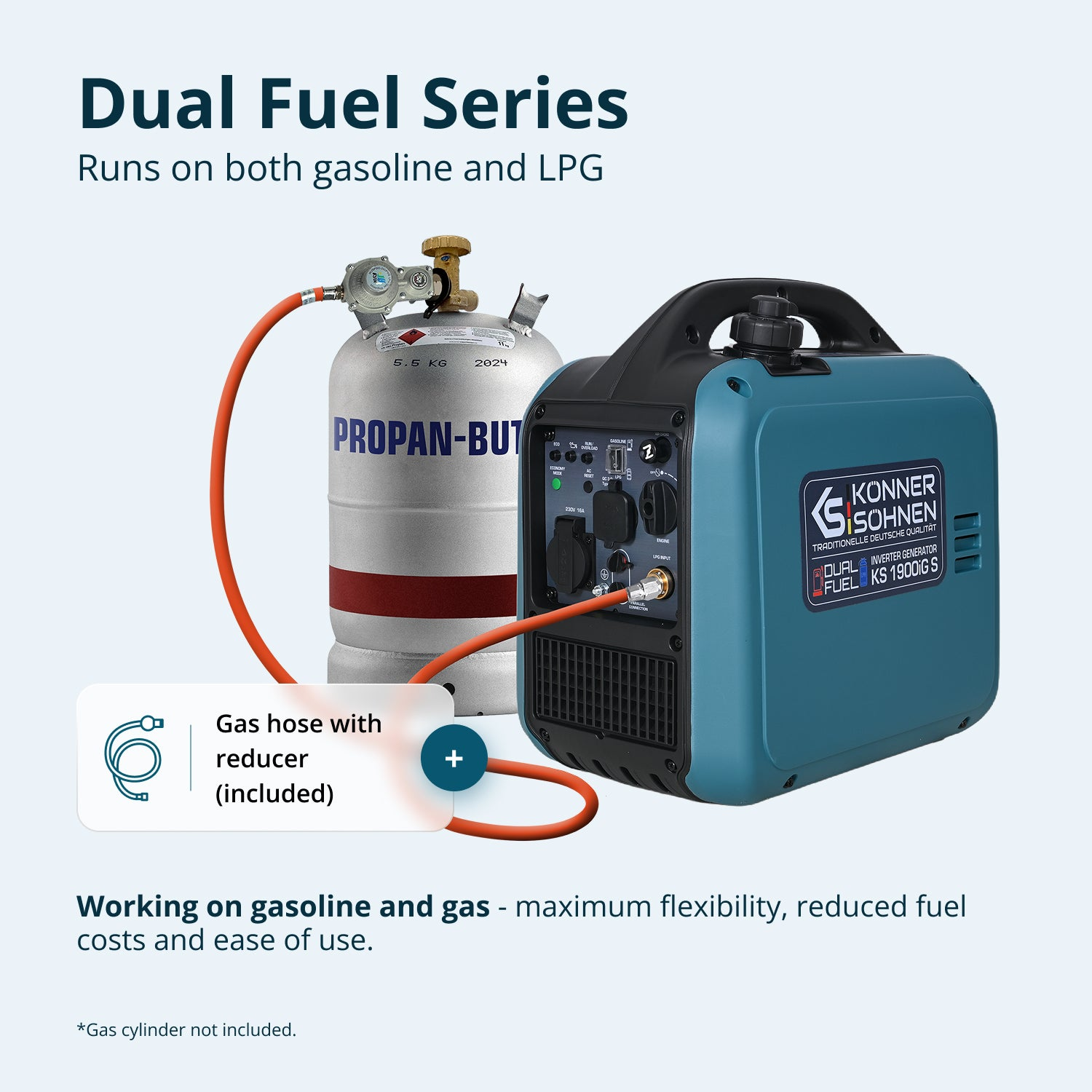 Niebieski generator podłączony do butli z gazem przez wąż. Napis: Dual Fuel Series.