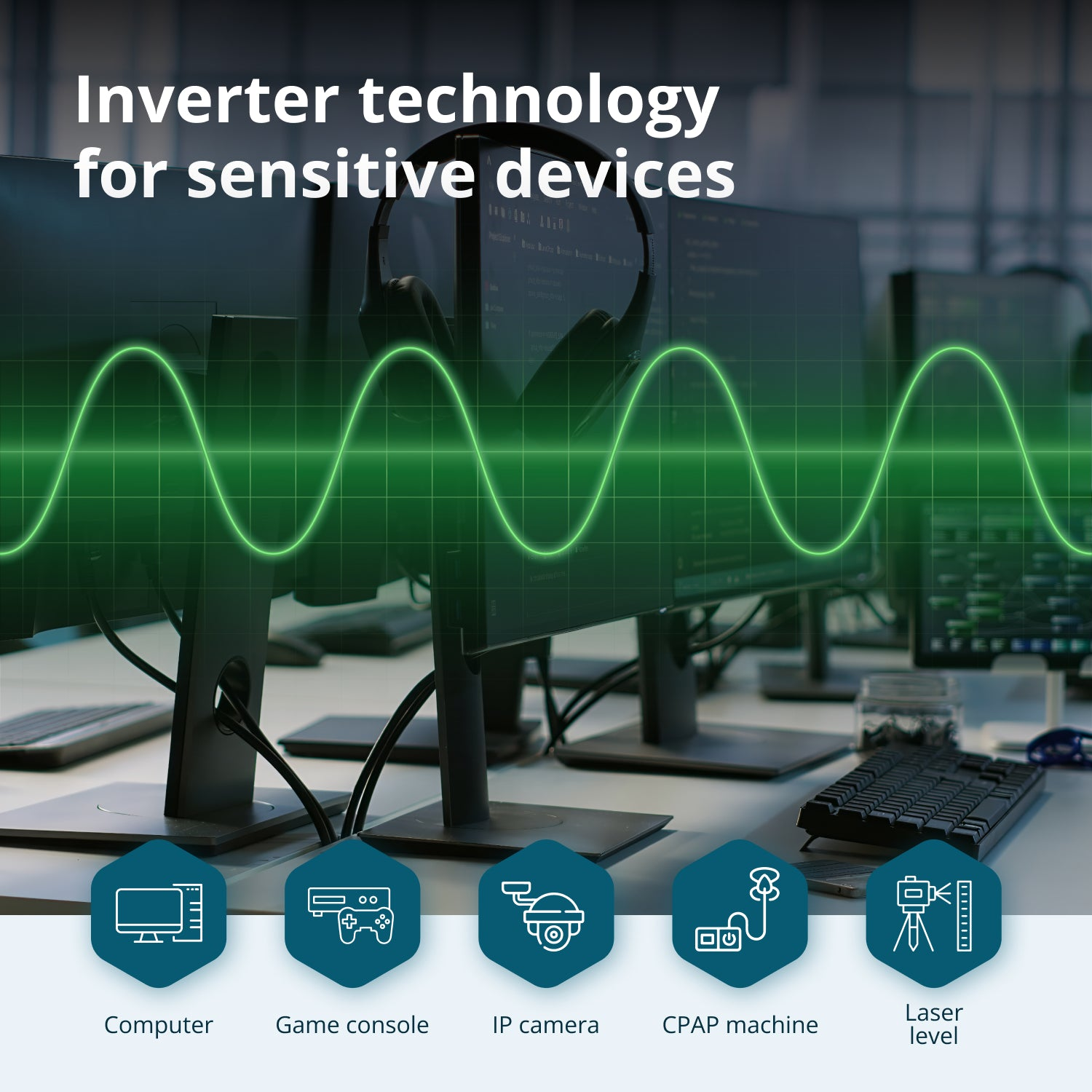 Technologia inwerterowa dla wrażliwych urządzeń z monitorami, słuchawkami i przebiegiem.