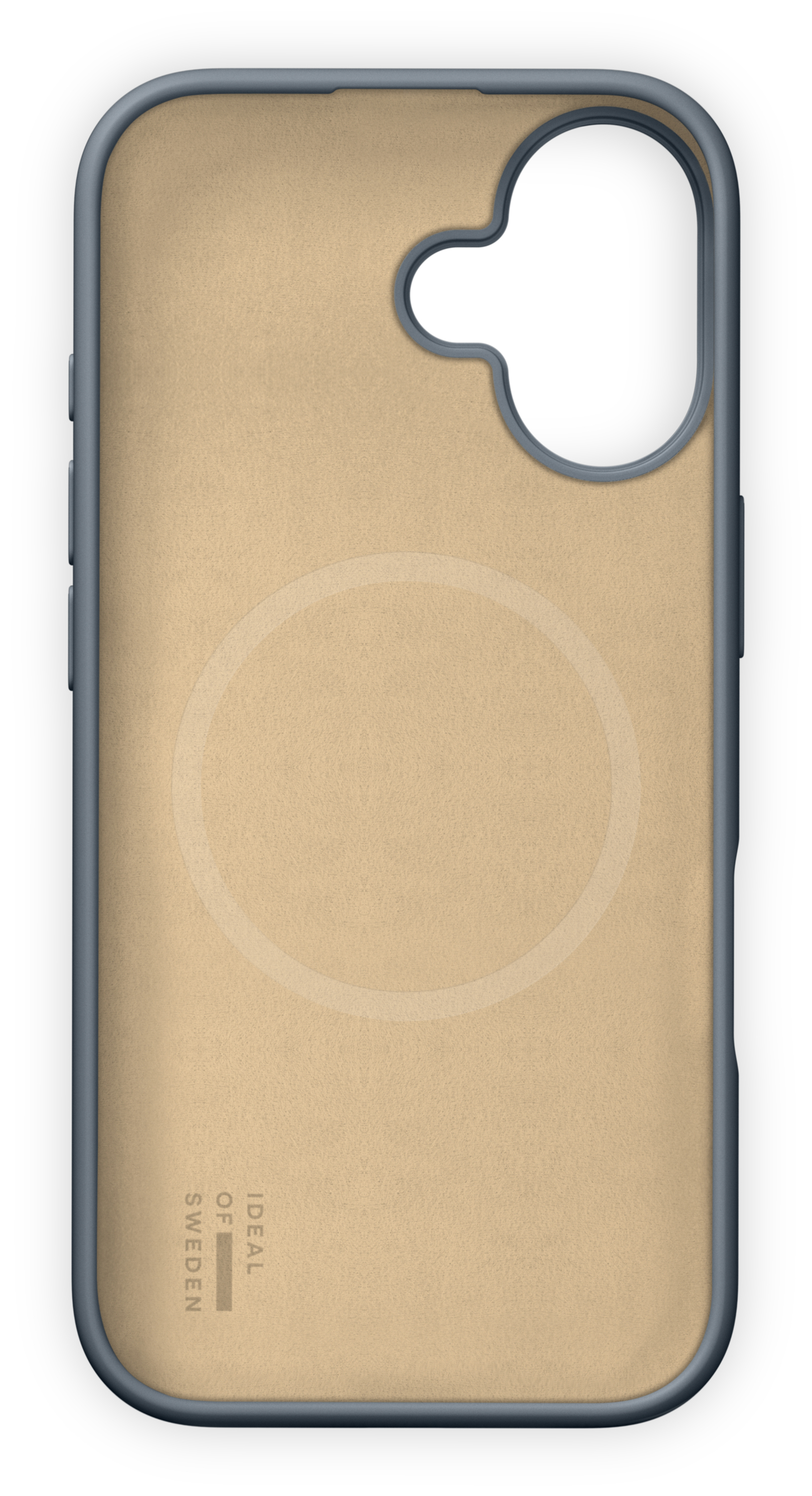Eine beige Handyhülle mit dunkelgrauem Rand, Kameraausschnitt und einem schwachen kreisförmigen Aufdruck. Text lautet „IDEAL OF SWEDEN“.