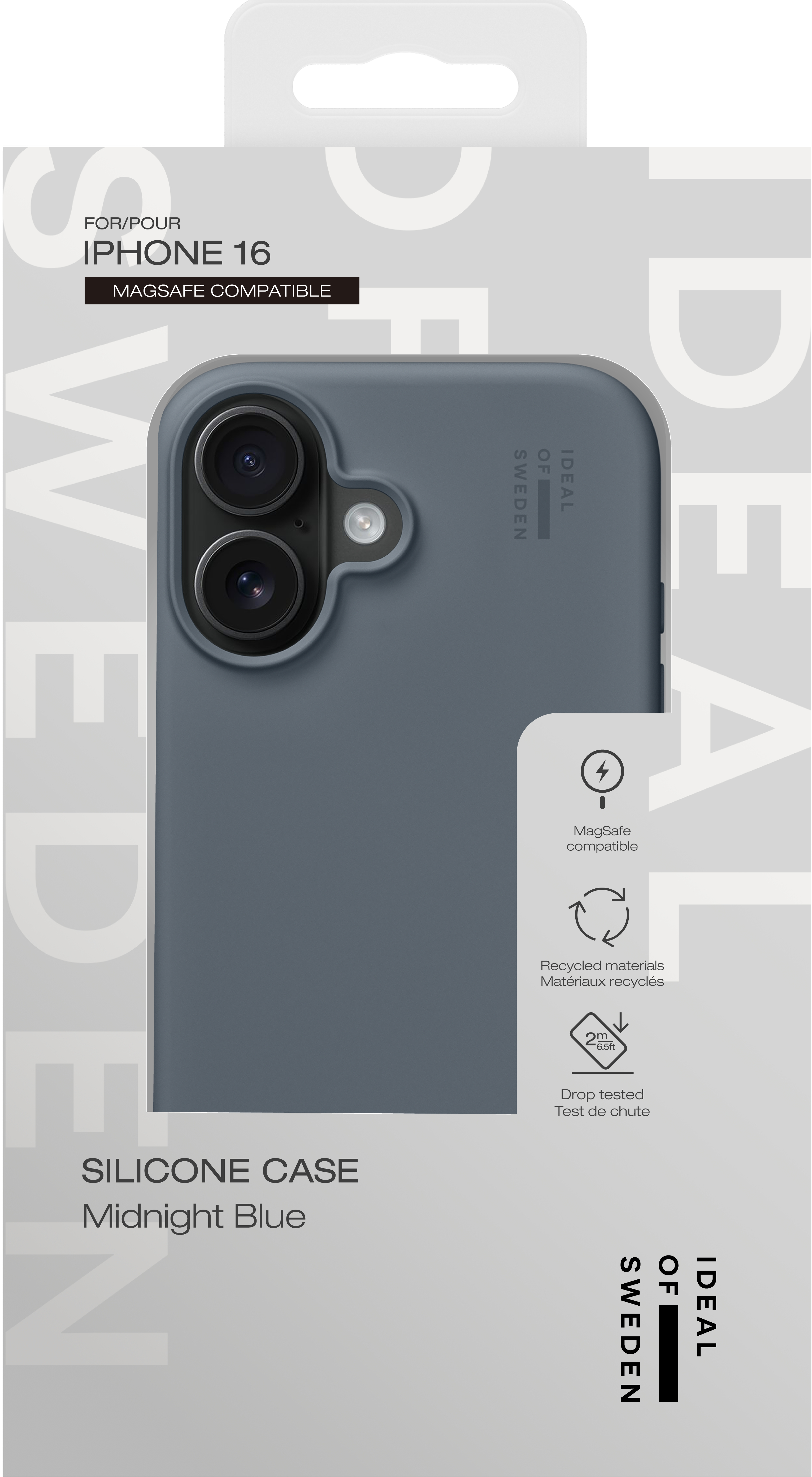 Blaue iPhone 16 Hülle mit Kamera-Ausschnitt und Logo.