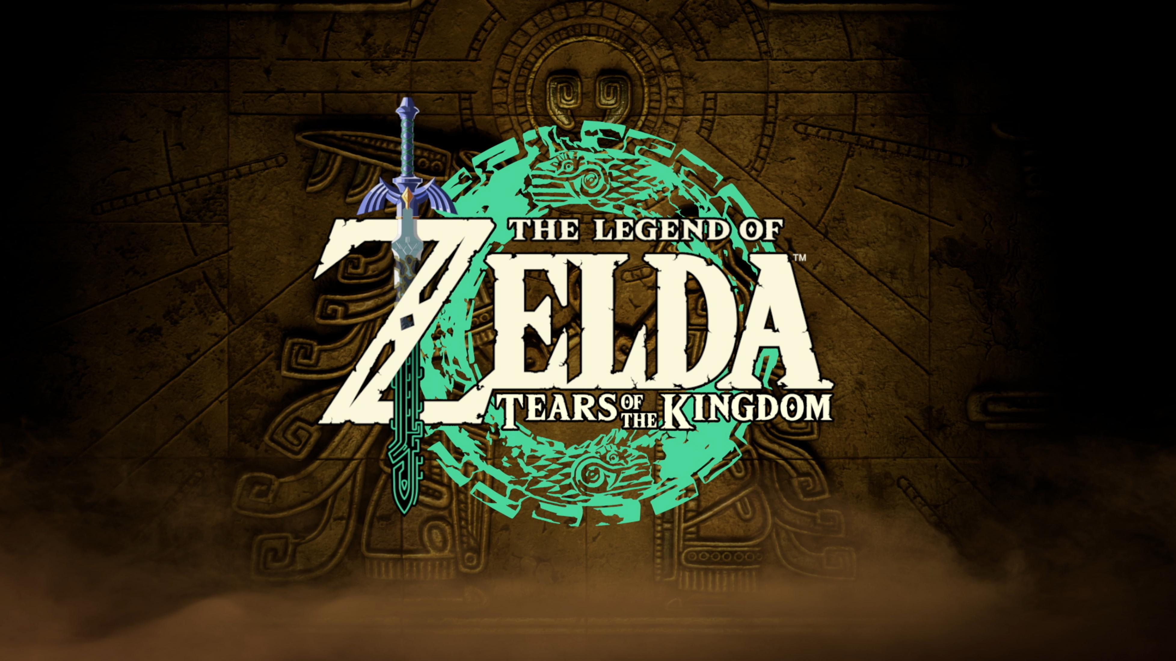Il logo di The Legend of Zelda: Tears of the Kingdom con spada e rilievo in pietra.