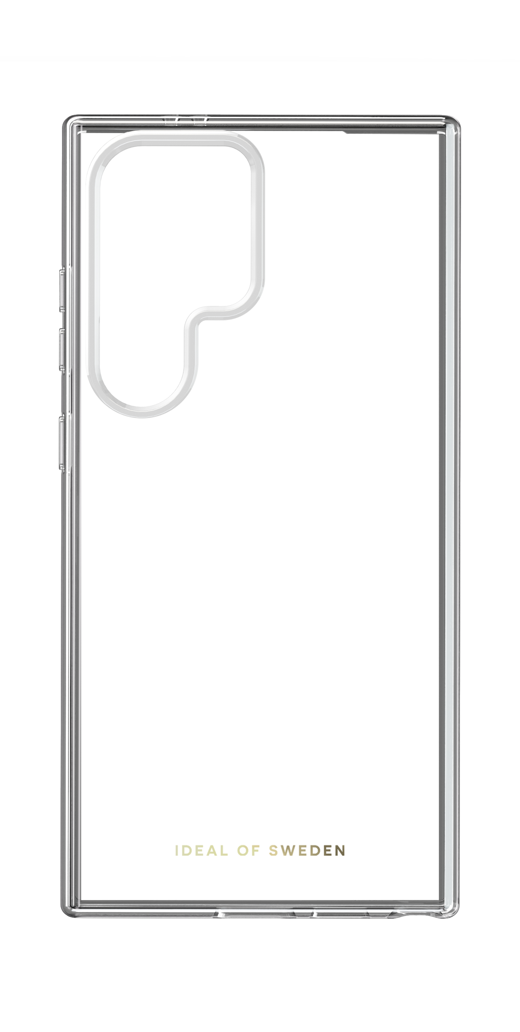 Transparente Handyhülle mit silbernem Rand und Logo.