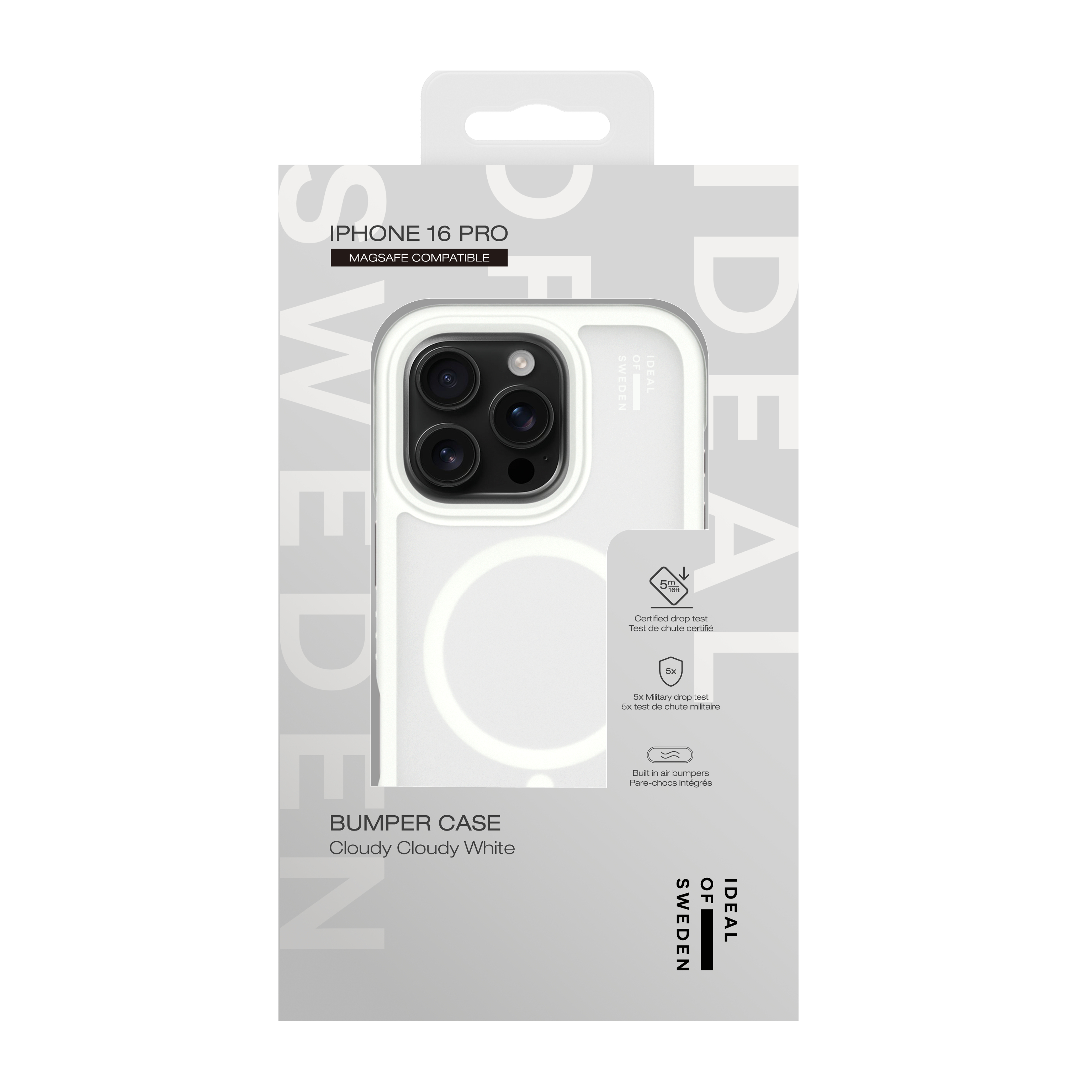 Verpackung für ein weißes iPhone 16 Pro Hülle mit Kamera-Details.