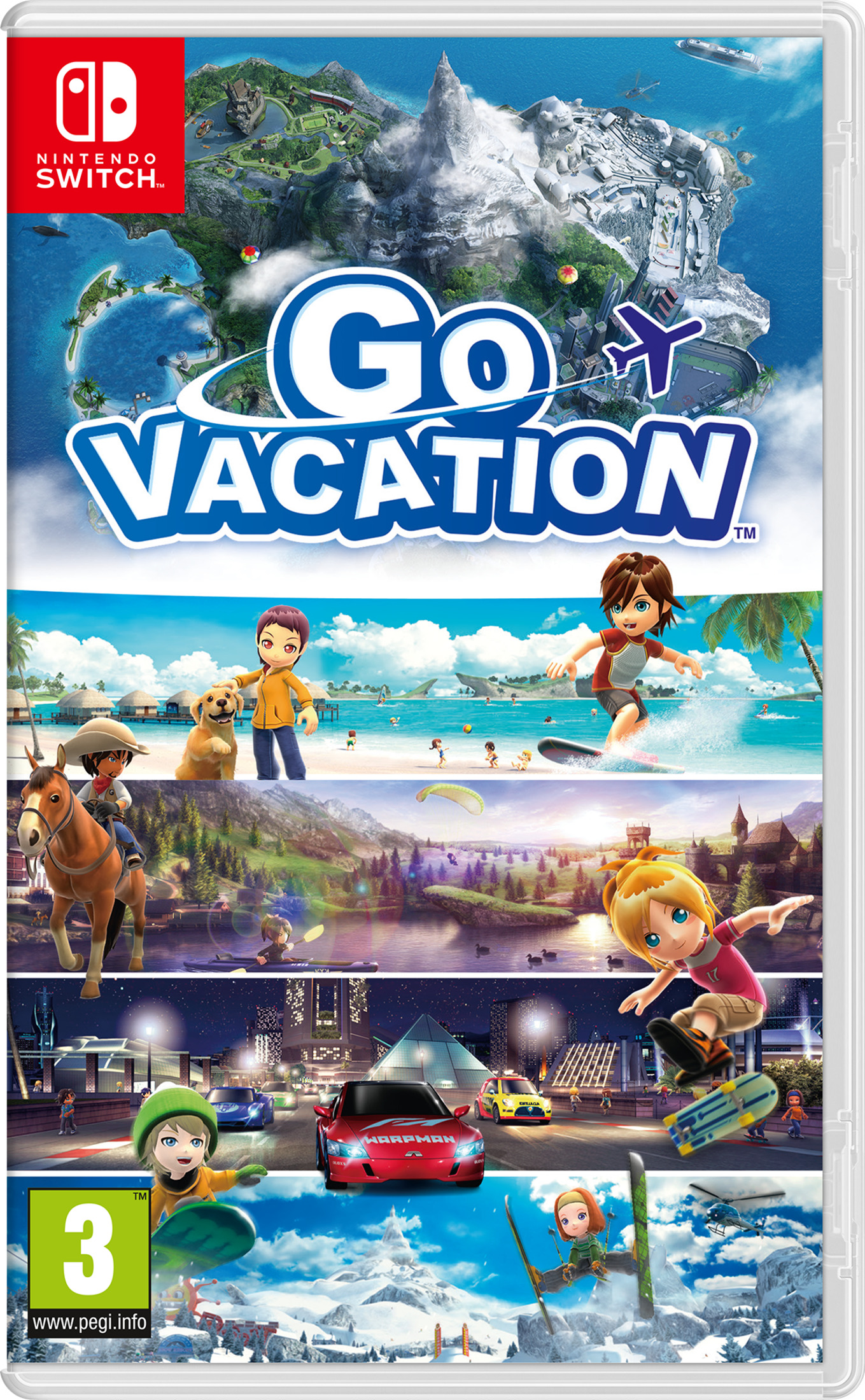 Copertina del gioco con varie scene di vacanza: città, spiaggia, montagne, snowboard.